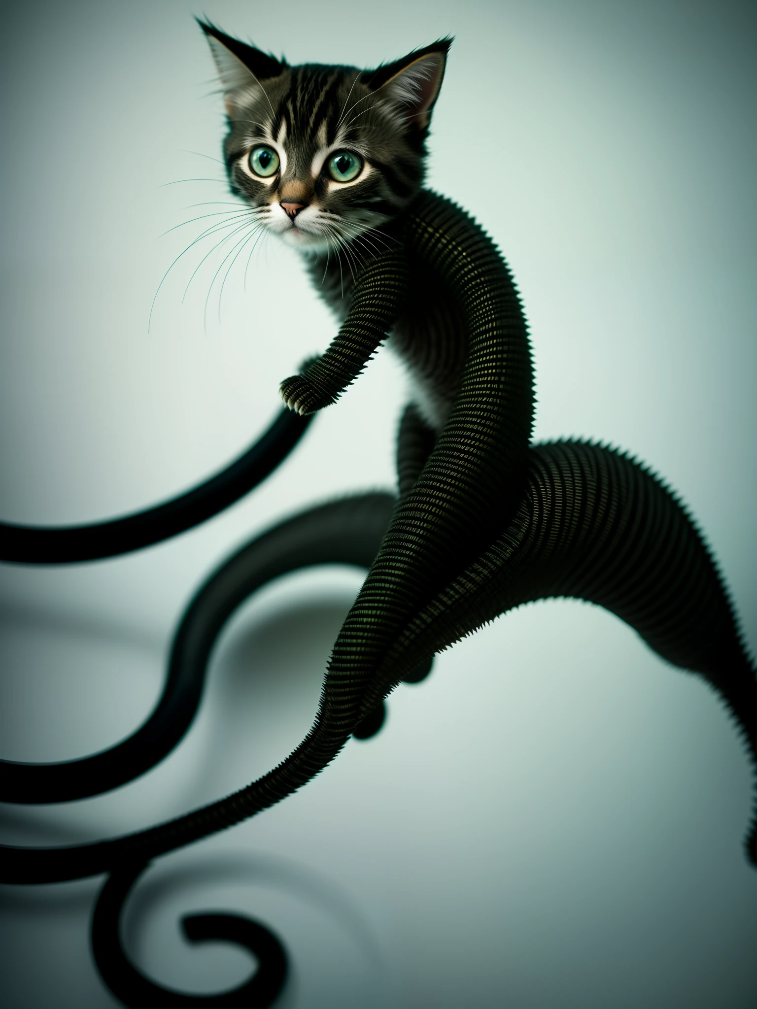 a cute kitten made out of metal, (cyborg:1.1), ([tail | detailed wire]:1.3), (intricate details), hdr, (intricate details, hyperdetailed:1.2), cinematic shot, vignette, centered
