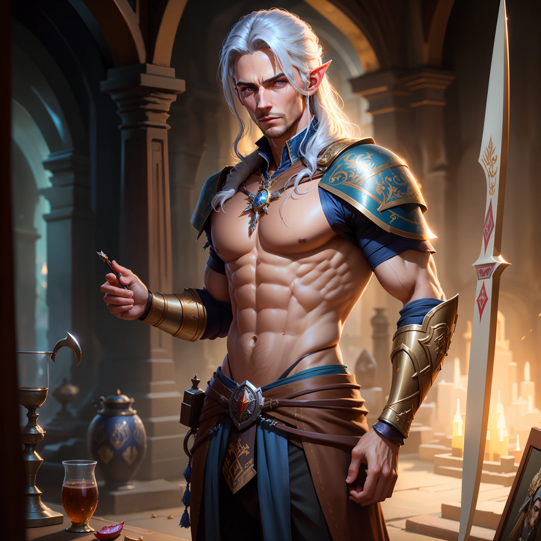 Highly detailed RAW color Photo, handsome man, dynamic pose, high elf, archer, (wide hips), (detailed skin), (detailed lips), (detailed eyes), Medieval style, (necropolis:1.1), (detailed face), detailed eyes, chromatic aberration, depth of field, soft lighting, masterpiece, best quality, intricate, (lens flare:0.7), (bloom:0.7), raytracing, tone mapped, highly detailed, concept art, smooth, sharp focus, dramatic lighting, highly detailed artwork, cinematic, hyper realistic painting, trending on Artstation, 8K, incredible shadows, realistic, (highly detailed background:1.2), art by midjourney