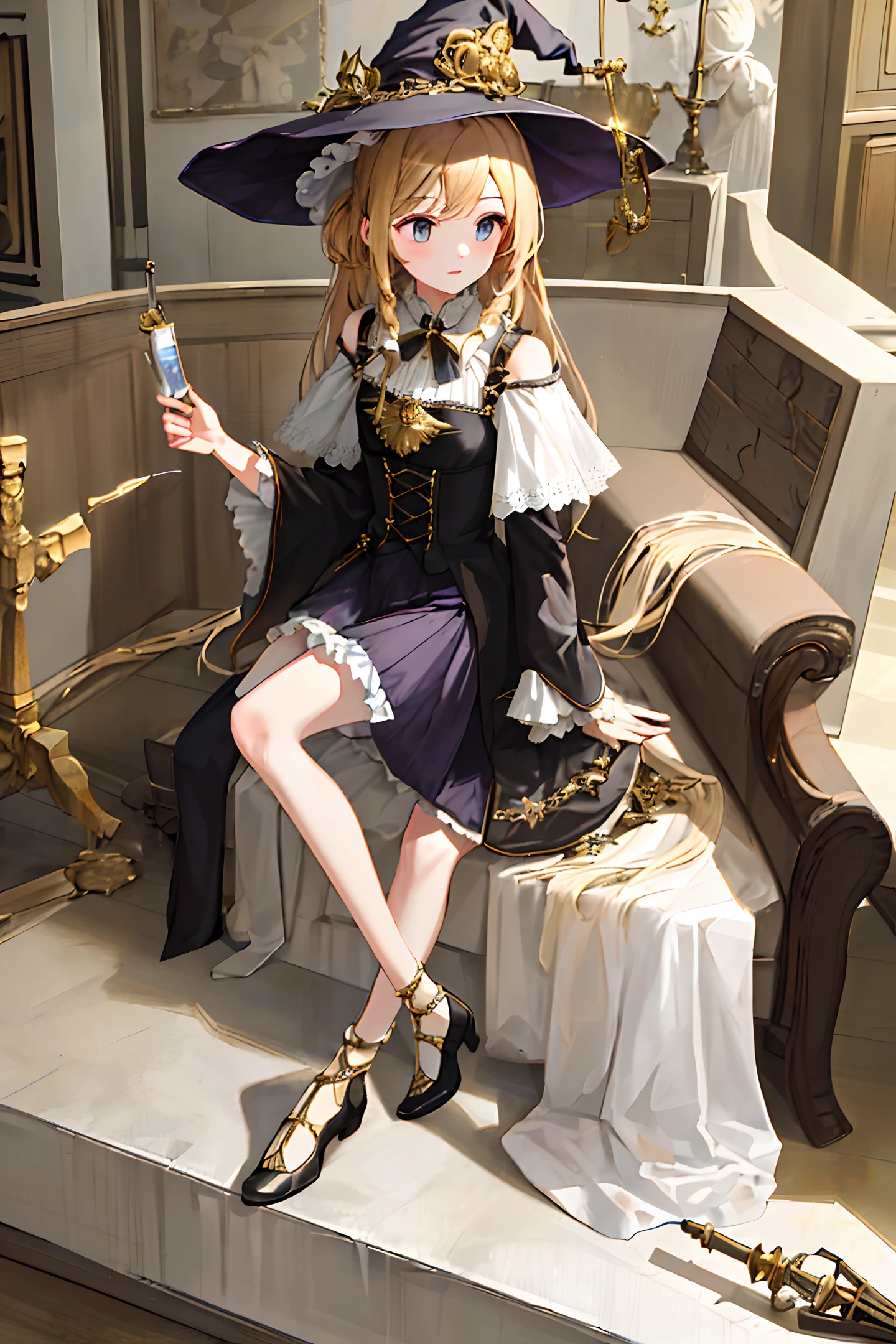 "An exquisite masterpiece of the highest quality, featuring a skilled portrayal of 1 girl adorned in a beautiful witch's hat and cascading golden locks."