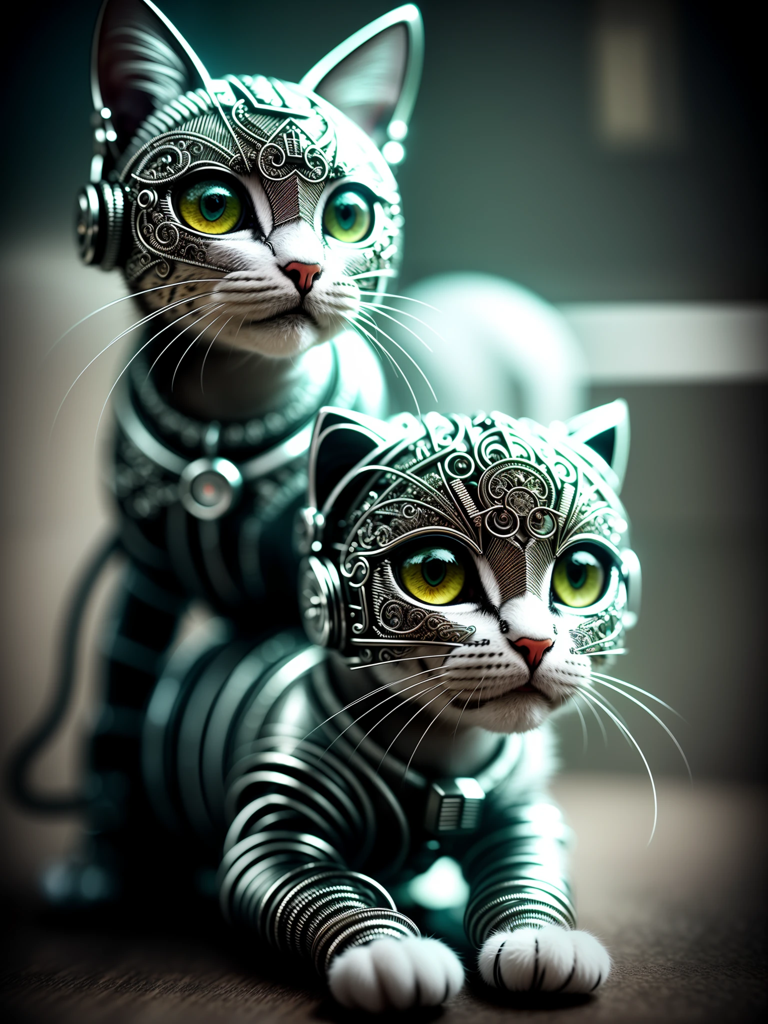 a cute kitten made out of metal, (cyborg:1.1), ([tail | detailed wire]:1.3), (intricate details), hdr, (intricate details, hyperdetailed:1.2), cinematic shot, vignette, centered