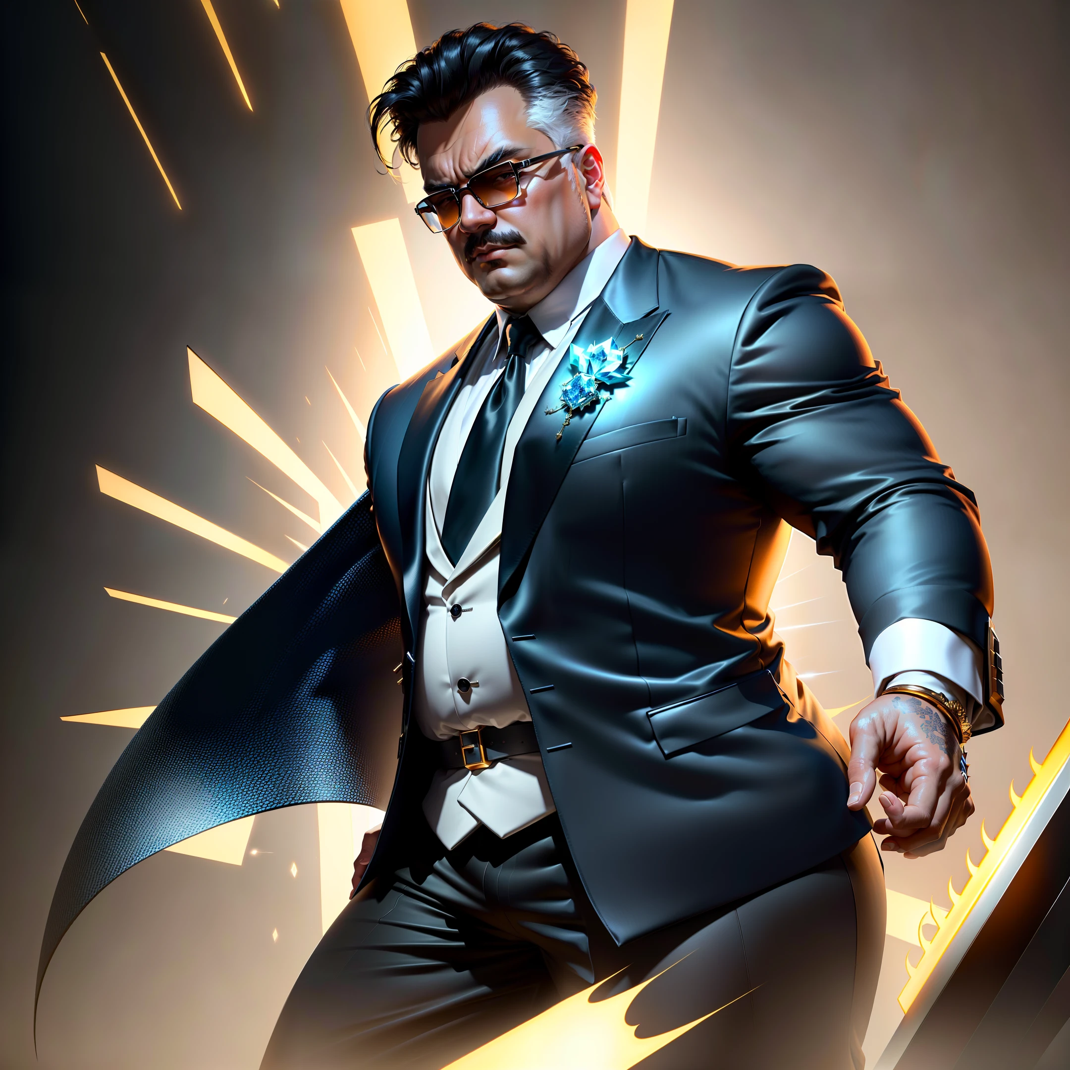 masterpiece, A wealthy, yet overweight boss with a commanding presence and a taste for luxury,best quality, (extremely detailed CG unity 8k wallpaper), (best quality), (best illustration), (best shadow), isometric 3D, octane render,ray tracing,ultra detailed,sword,An ultra-detailed masterpiece featuring the most mesmerizing diamond, set against a dark background, radiating its beauty and purity