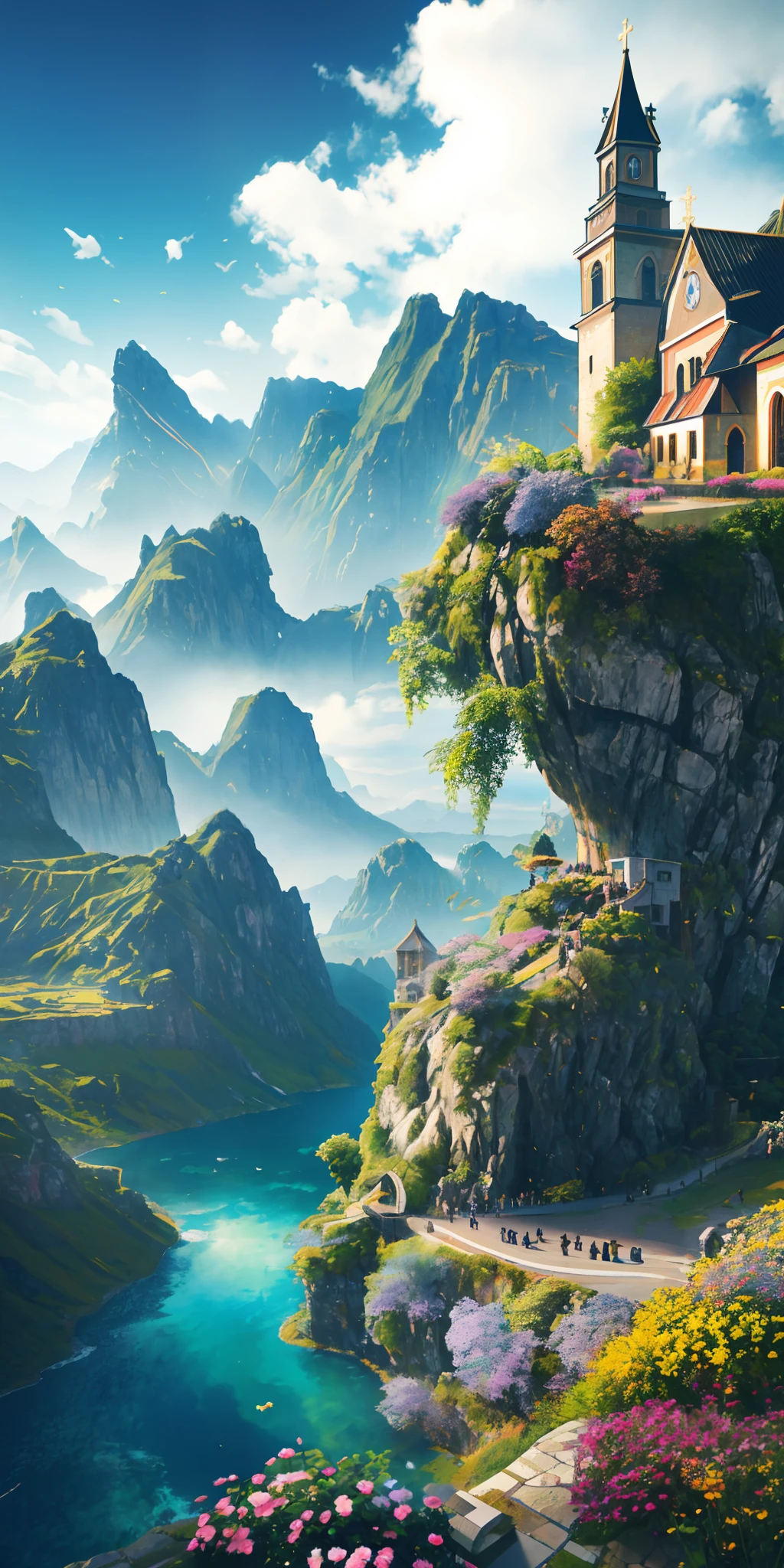 city,rural and urban,church,knight,masterpiece, best quality, high quality, extremely detailed CG unity 8k wallpaper, scenery, outdoors, sky, cloud, day, no humans, mountain, landscape, water, tree, blue sky, waterfall, cliff, nature, lake, river, cloudy sky,award winning photography, Bokeh, Depth of Field, HDR, bloom, Chromatic Aberration ,Photorealistic,extremely detailed, trending on artstation, trending on CGsociety, Intricate, High Detail, dramatic, art by midjourney