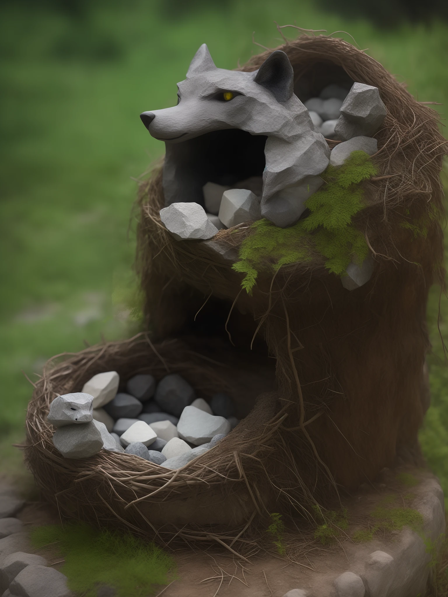 Stone material, Wolf head modeling nest, realistic style, ((complex details)), hdr, ((Complex details, super details)), film footage, vignette