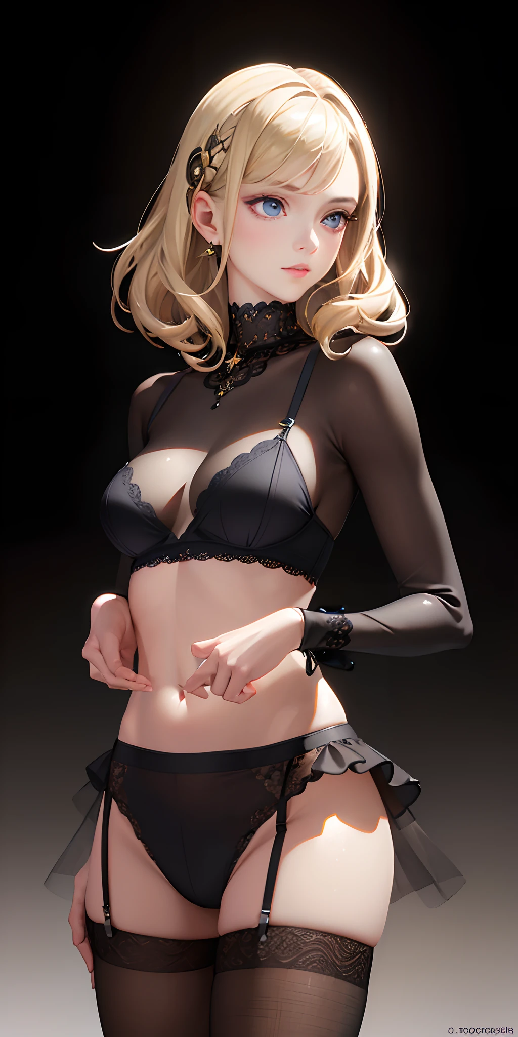 (photorealistic:1.4), (masterpiece, sidelighting, finely detailed beautiful eyes: 1.2), masterpiece*portrait, realistic, 3d face, glowing eyes, shiny hair, lustrous skin, solo, embarassed, (midriff), black underwear, blonde hair,
