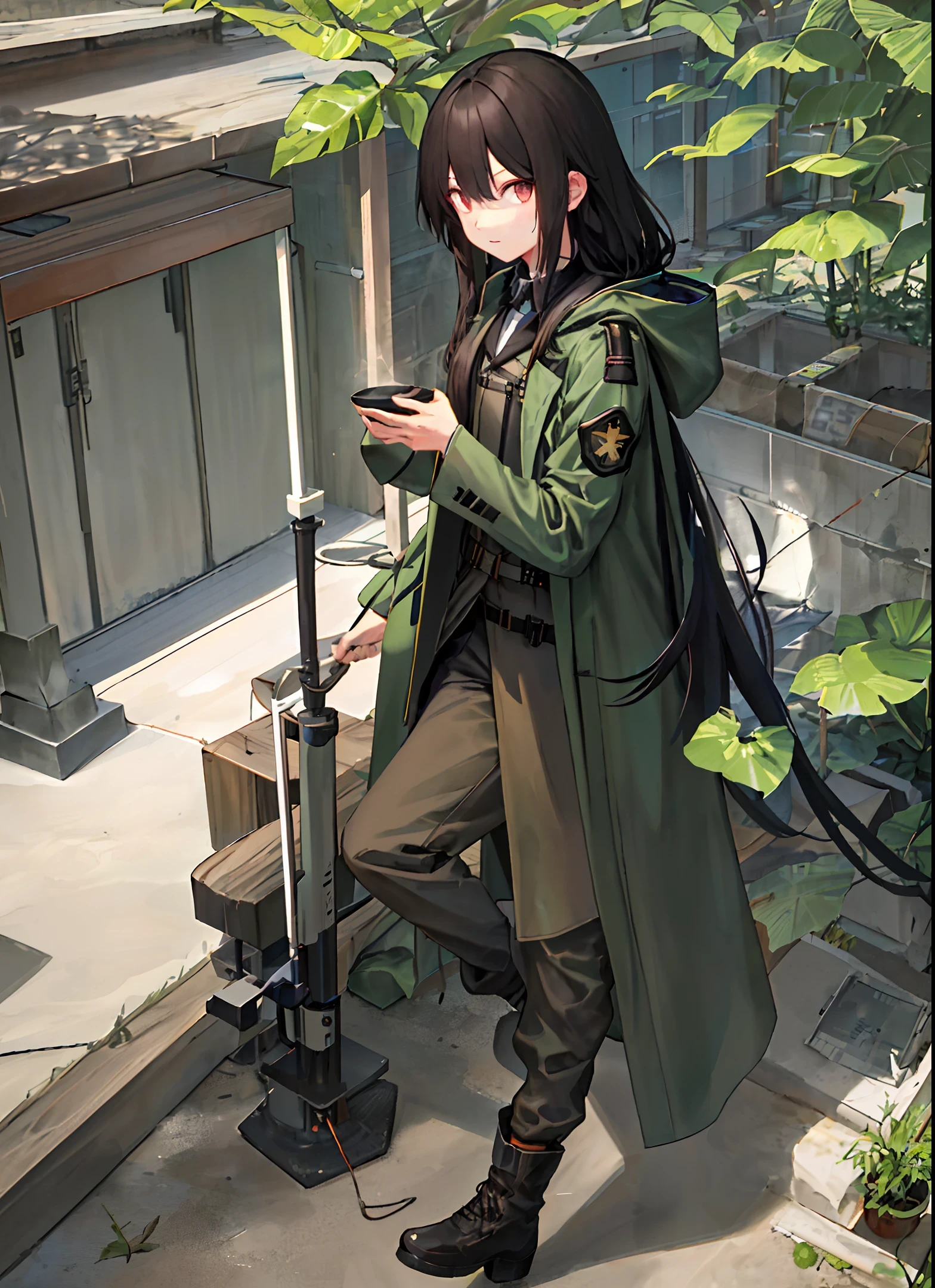 Medium long hair, straight black hair, Asian face, female, well-proportioned figure, brown trench coat with hood, black trousers, black boots, pure green left eye, green energy condensed on his left hand, black and green bayonet in his right hand