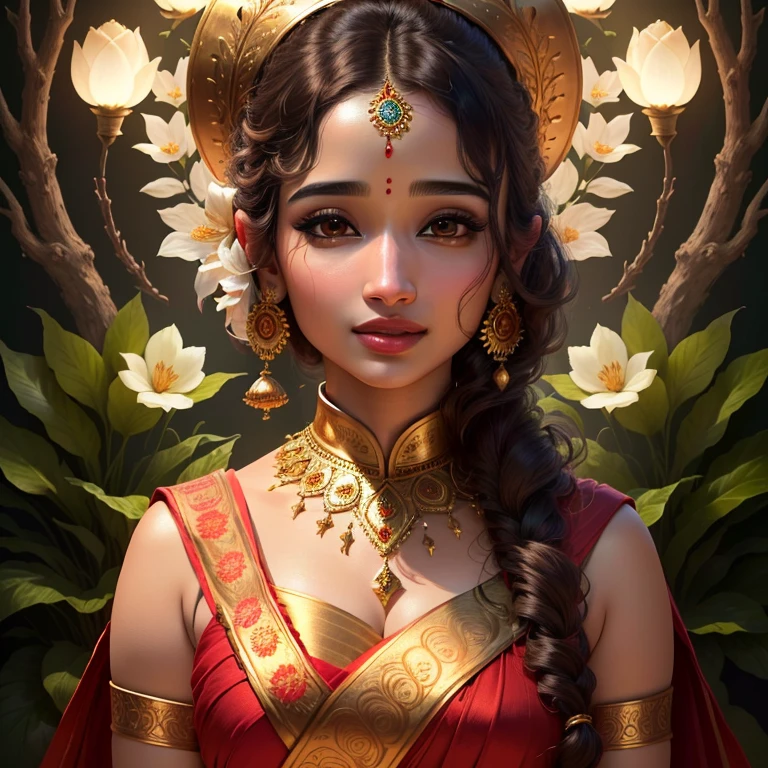 A plant anthropomorphic (female, pretty face) in the forest, noble dress, side light, (extremely detailed CG unified 8k wallpaper), highly detailed, masterpiece,Depth of field, GIF, (HDR)(wallpaper) (Film lighting)(Sharp focus), (extremely detailed CG unity 8k wallpaper), (best quality), india, indian clothes, Hinduism, a close up portrait photo of beautiful Tamannaah Bhatia,Tamannaah Bhatia