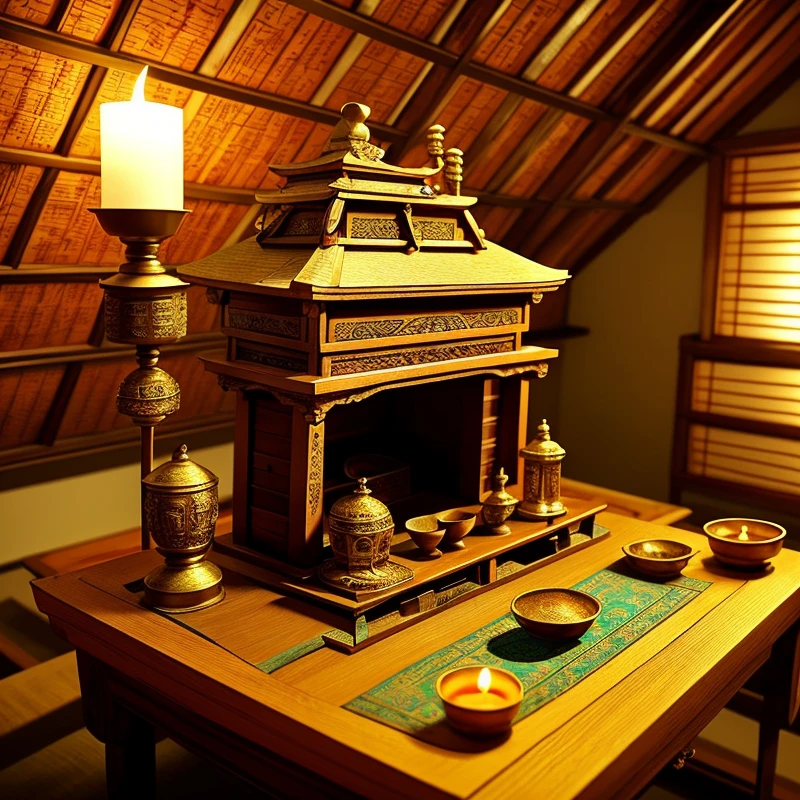 Shrine, incense burner, incense burning, God of Wealth, Table, God of Wealth,Positive perspective,A small attic dedicated to deities or deities in the past,