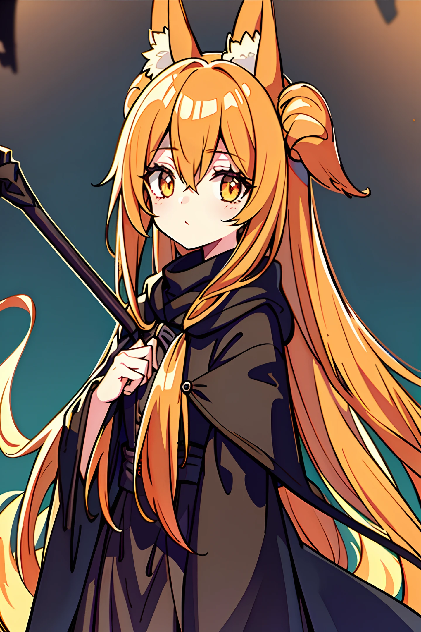 "An exquisite masterpiece with the best quality and ultra-detailed imagery, depicting an adorable upper body shot of a girl in the great outdoors. She looks like a black mage, and is holding a long black wooden staff while wearing a Shabby and dilapidated cloak, complementing her stunning golden eyes, light orange hair, fox ears, fox tail."