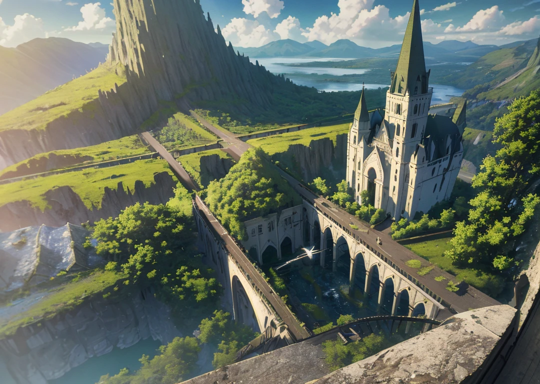 masterpiece, best quality, high quality, extremely detailed CG unity 8k wallpaper, scenery, outdoors, sky, cloud, day,(A mossy dilapidated church building),(army, weapons), mountain, landscape, water, tree, blue sky, waterfall, cliff, nature, lake, river, cloudy sky,award winning photography, Bokeh, Depth of Field, HDR, bloom, Chromatic Aberration ,Photorealistic,extremely detailed, trending on artstation, trending on CGsociety, Intricate, High Detail, dramatic, art by midjourney