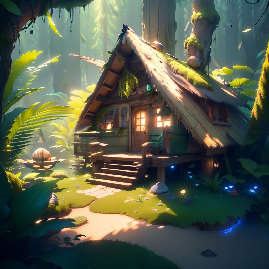 masterpiece, best quality, (extremely detailed CG unity 8k wallpaper), (best quality), (best illustration), (best shadow), (A shell shape hut:1.1) covered with moss， isometric 3D, octane render,ray tracing,ultra detailed