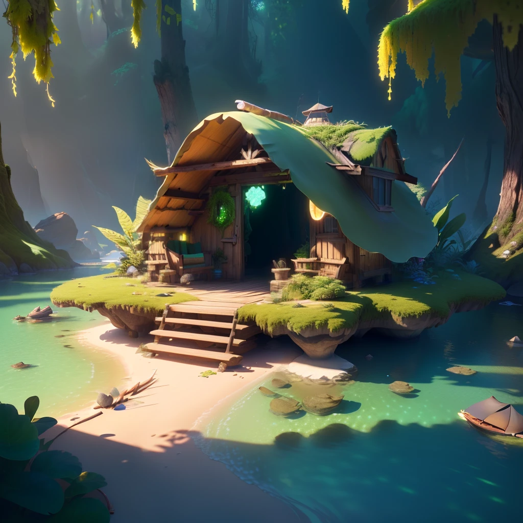 masterpiece, best quality, (extremely detailed CG unity 8k wallpaper), (best quality), (best illustration), (best shadow), (A shell shape hut:1.1) covered with moss, isometric 3D, octane render,ray tracing,ultra detailed