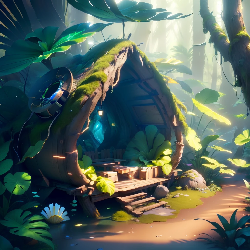 masterpiece, best quality, (extremely detailed CG unity 8k wallpaper), (best quality), (best illustration), (best shadow), (A shell shape hut:1.1) covered with moss， isometric 3D, octane render,ray tracing,ultra detailed