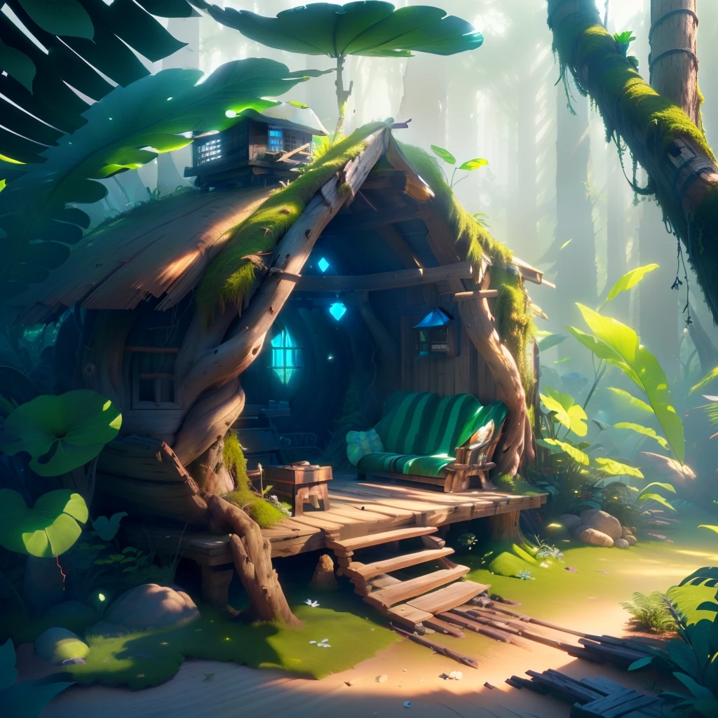 masterpiece, best quality, (extremely detailed CG unity 8k wallpaper), (best quality), (best illustration), (best shadow), (A shell shape hut:1.1) covered with moss, isometric 3D, octane render,ray tracing,ultra detailed
