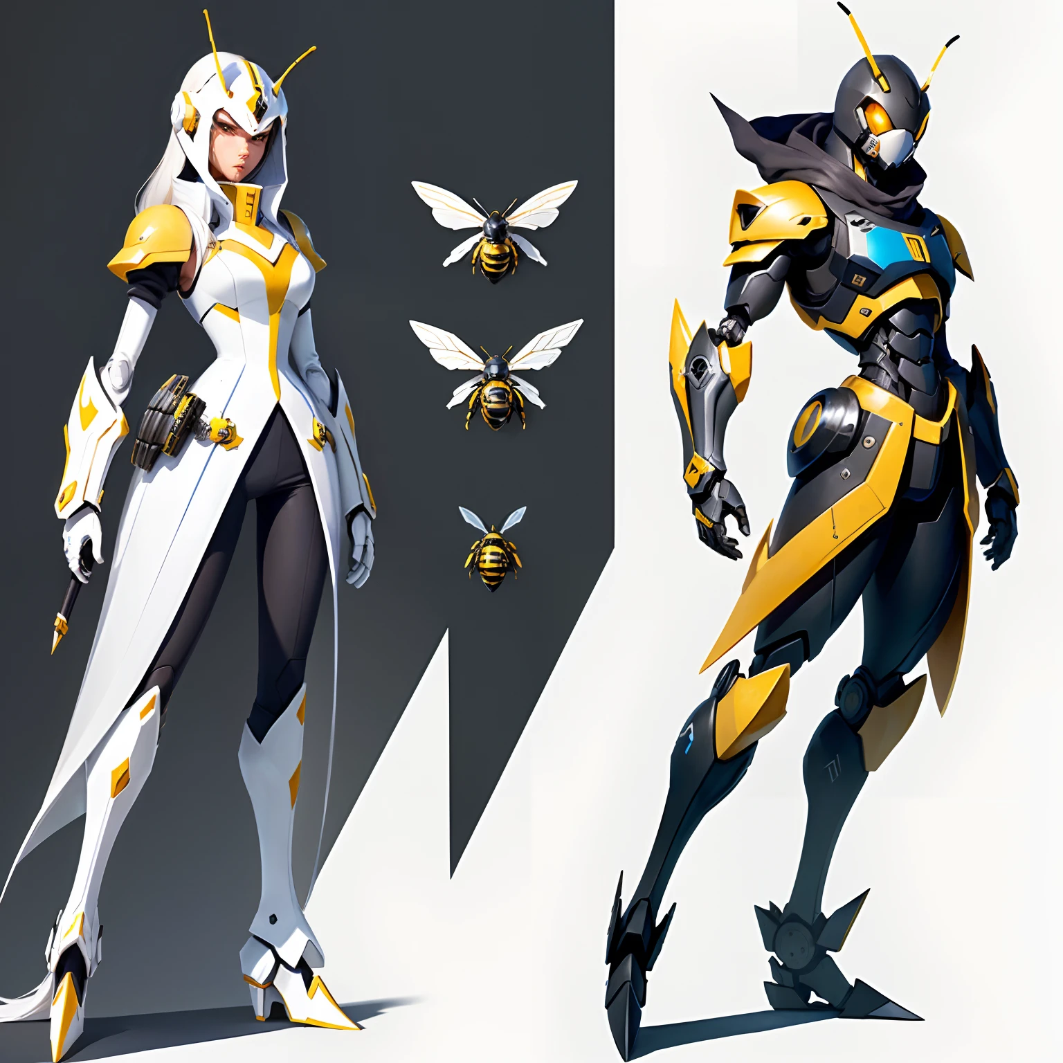 Simple background, white background,solo, (simple background, white background:1.3), Masterpiece, Best Quality, 1 boy, Battle,Pointy-footed carpenter bee,(bee anthropomorphic), male, mecha, light spotted, black, Katana, robot arm, Long hair,flat color, colorful, animated, game character design, concept design, figure, character, high detail,
