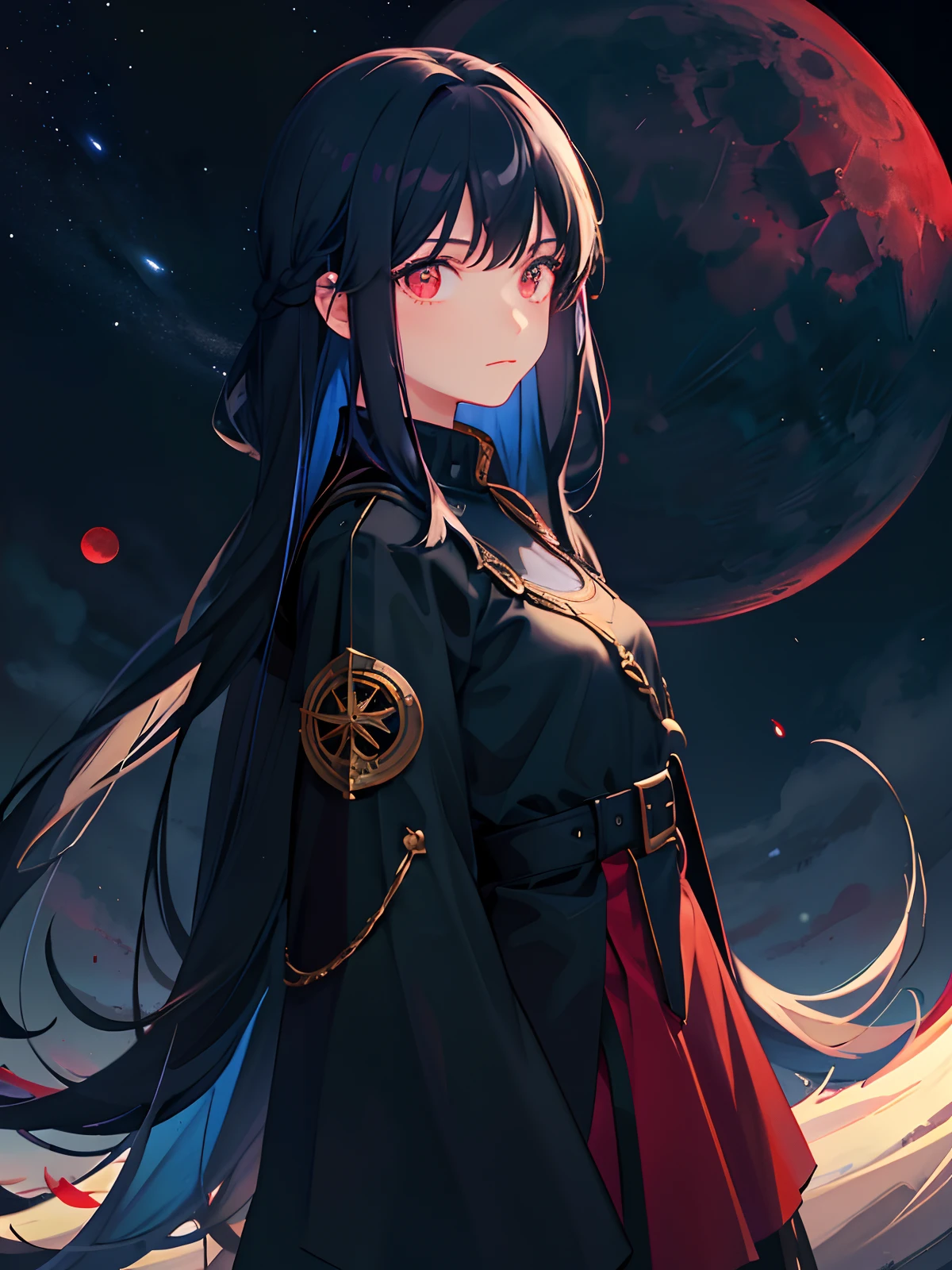 1girl,12 years old，solo, red moon, moon, long hair, looking at viewer, green eyes, bangs, upper body, full moon, closed mouth, night, sky, star (sky), black hair, from side, breasts, looking to the side, night sky, blue hair, starry sky, eyelashes，red eyes
