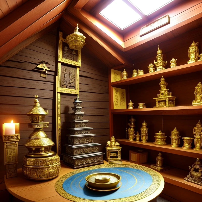 Shrine, incense burner, incense burning, God of Wealth, Table, God of Wealth，Positive perspective，A small attic dedicated to deities or deities in the past，