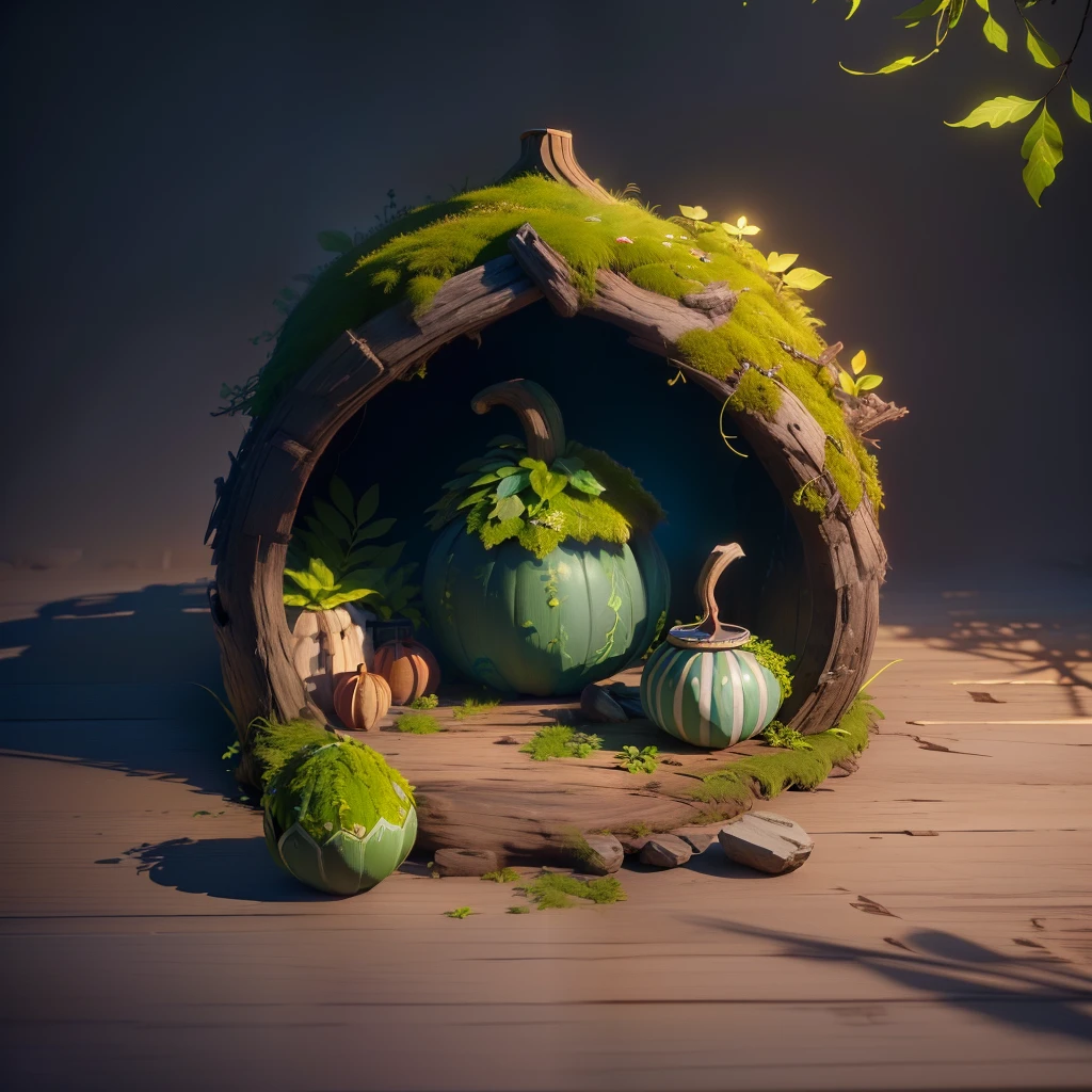 masterpiece, best quality, (extremely detailed CG unity 8k wallpaper), (best quality), (best illustration), (best shadow), A gourd shape hut covered with moss， isometric 3D, octane render,ray tracing,ultra detailed