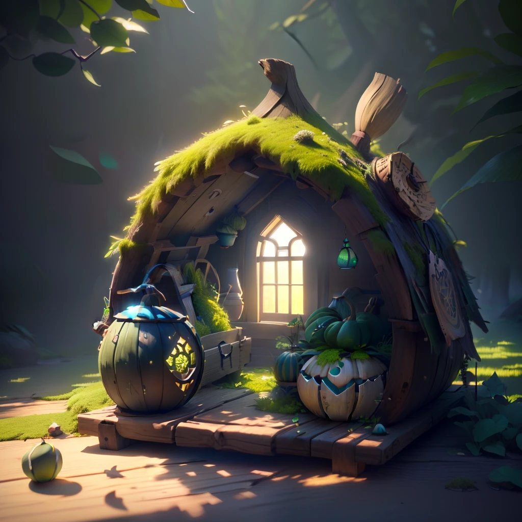 masterpiece, best quality, (extremely detailed CG unity 8k wallpaper), (best quality), (best illustration), (best shadow), A gourd shape hut covered with moss, isometric 3D, octane render,ray tracing,ultra detailed
