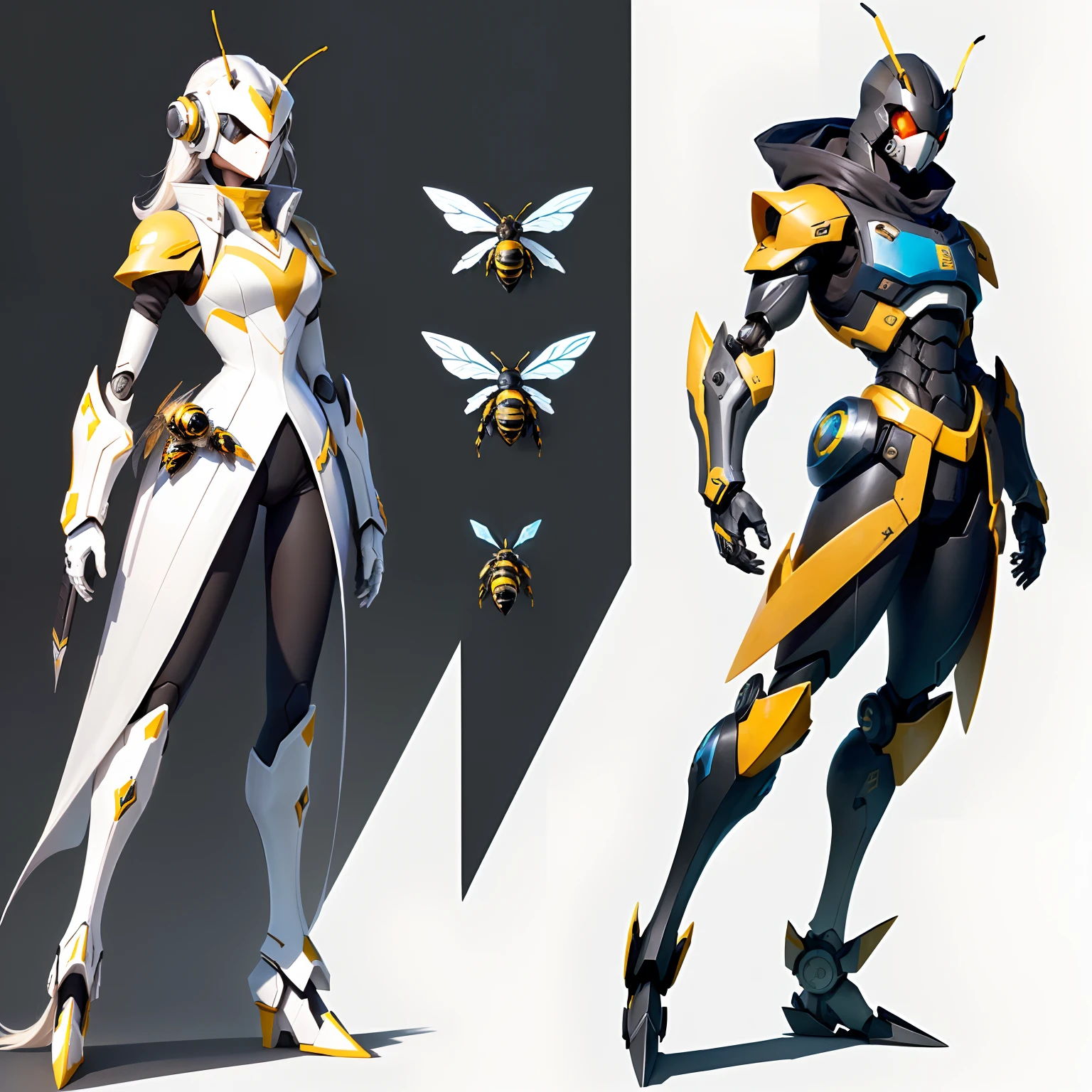 Simple background, white background,solo, (simple background, white background:1.3), Masterpiece, Best Quality, 1 boy, Battle,Pointy-footed carpenter bee,(bee anthropomorphic), male, mecha, light spotted, black, Katana, robot arm, Long hair,flat color, colorful, animated, game character design, concept design, figure, character, high detail,