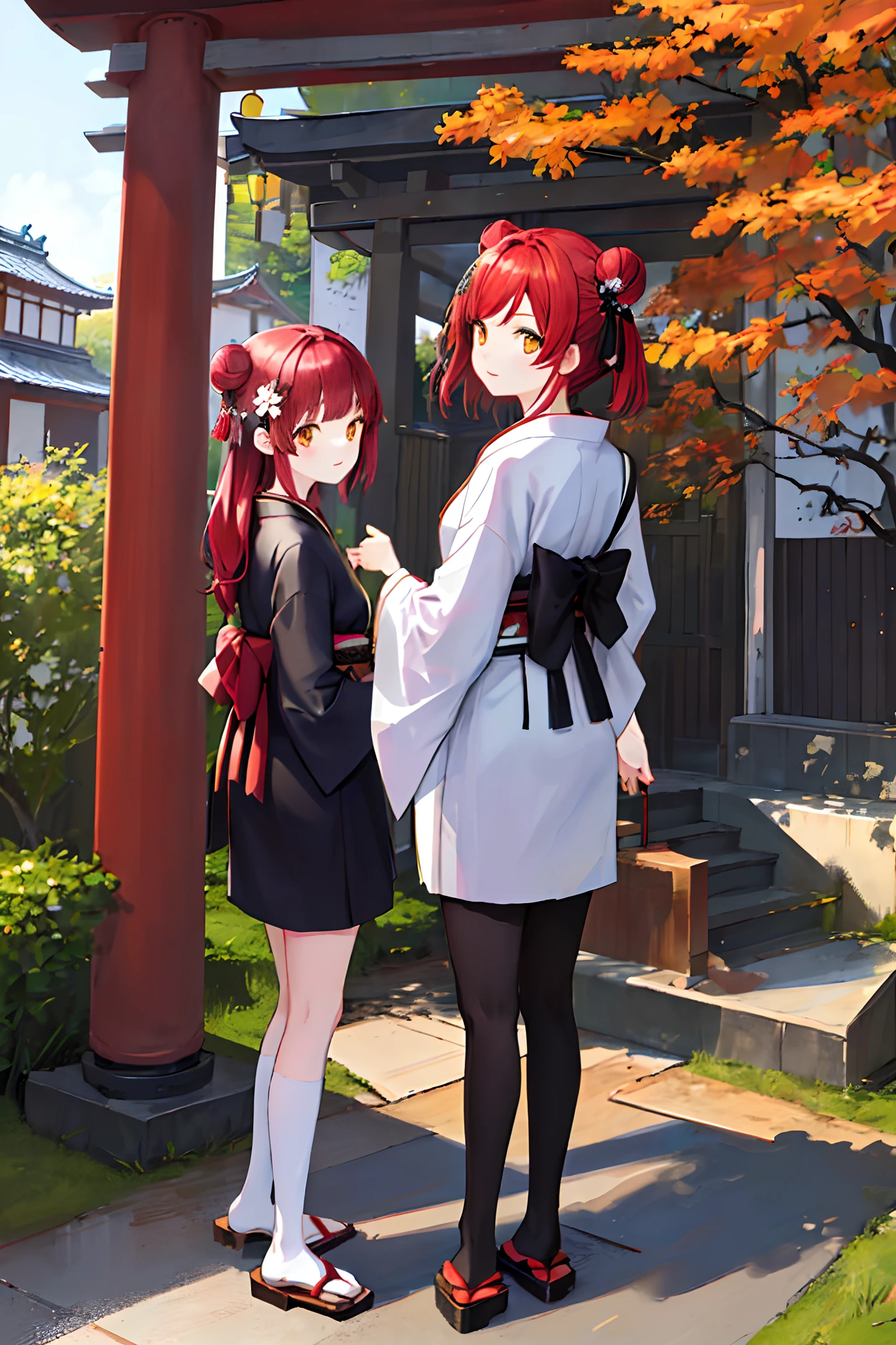 ((masterpiece,best quality)),2girls, black kimono, black legwear, black ribbon, black hair, cherry blossoms, day, flower, hair bun, hair ribbon, japanese clothes, kimono, long hair, looking at viewer, looking back, multiple girls, obi, outdoors, red eyes, red hair, ribbon, sandals, single hair bun, stairs, standing, statue, torii, tree, white kimono, yellow eyes