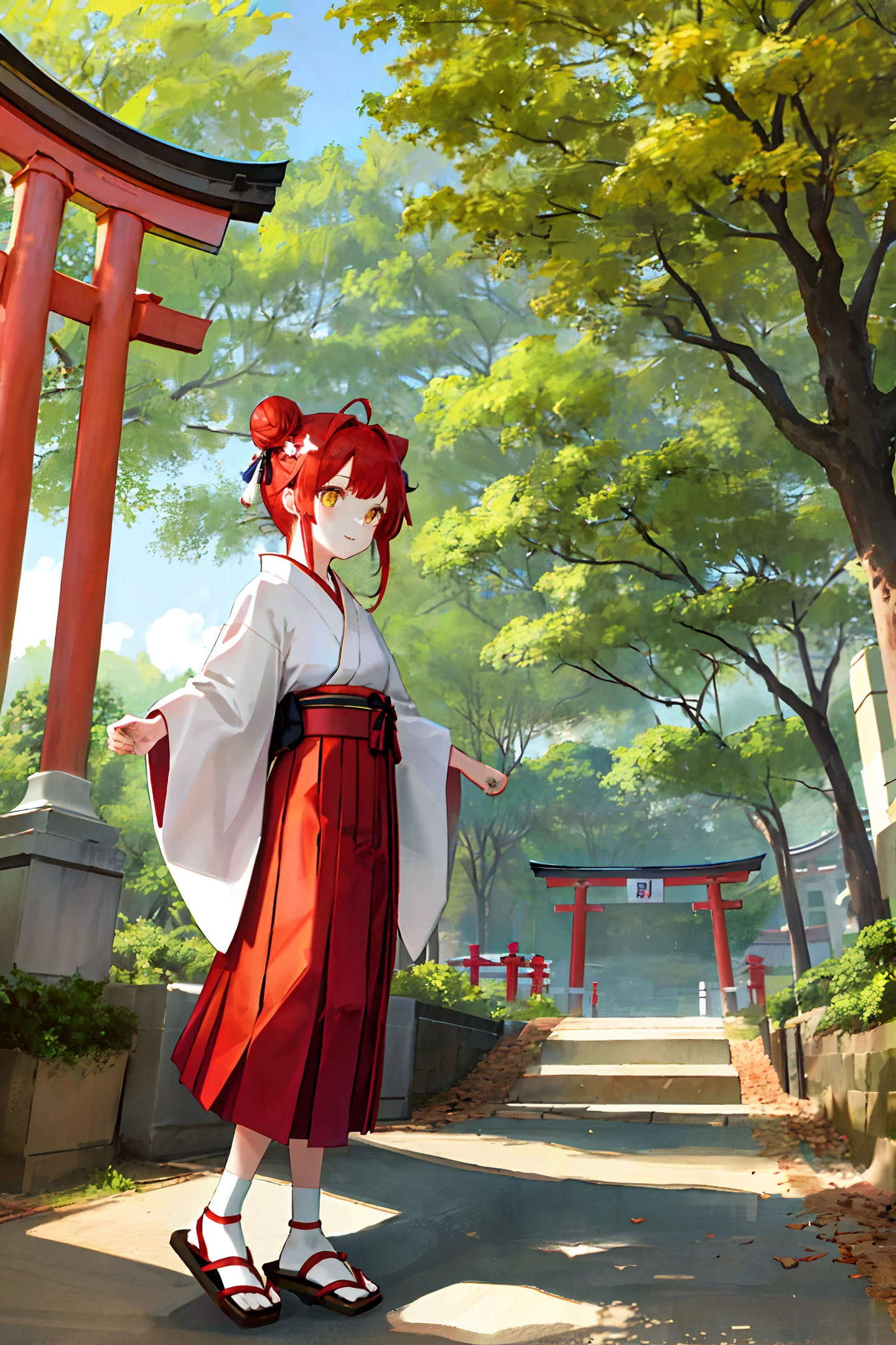 multiple girls, obi, outdoors, red eyes, red hair, ribbon, sandals, single hair bun, stairs, standing, statue, torii, tree, white kimono, yellow eyes
