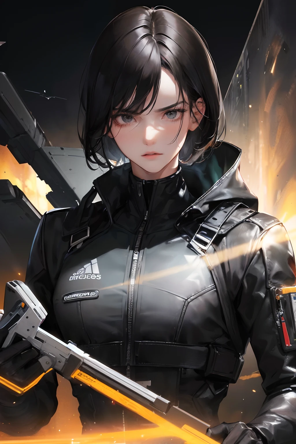 (highest resolution, distinct_image) Best quality, a man's masterpiece, highly detailed, semi realistic, black short hair, black hair, bangs, 18 years old, mature, young, tall and strong, black tight fitting, black flight suit, spacecraft background, cold, serious, tall and handsome, authoritative, powerful, exquisite facial features, exquisite facial features