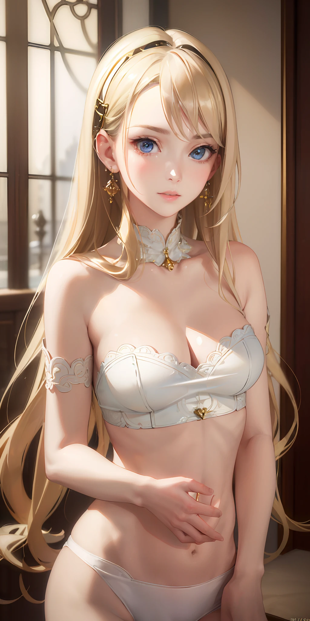 (photorealistic:1.4), (masterpiece, sidelighting, finely detailed beautiful eyes: 1.2), masterpiece*portrait, realistic, 3d face, glowing eyes, shiny hair, lustrous skin, solo, embarassed, (midriff), naked, blonde hair,