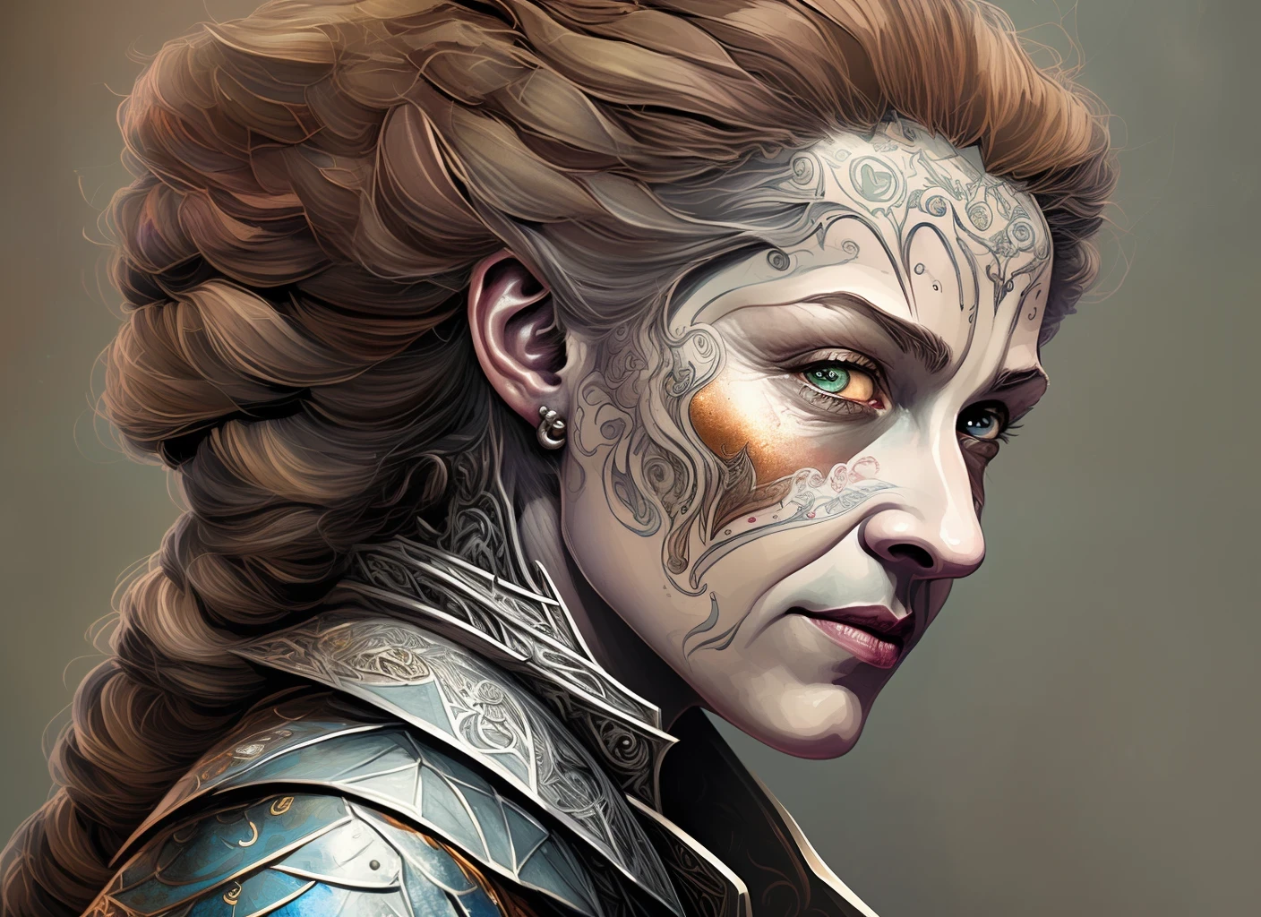 Bird's Eye View detailed ((dnd knight middle aged woman portrait)), happy, HD, (oil painting:1.1), (comic book art style:1.5),(inked outline:1.3), Stunning, Character, Portrait, (((Looking Sideways))), angular features, (darkbrown Braids Hair), (muted natural colors:1.3) in painterly style by Thierry Doizon , splash art