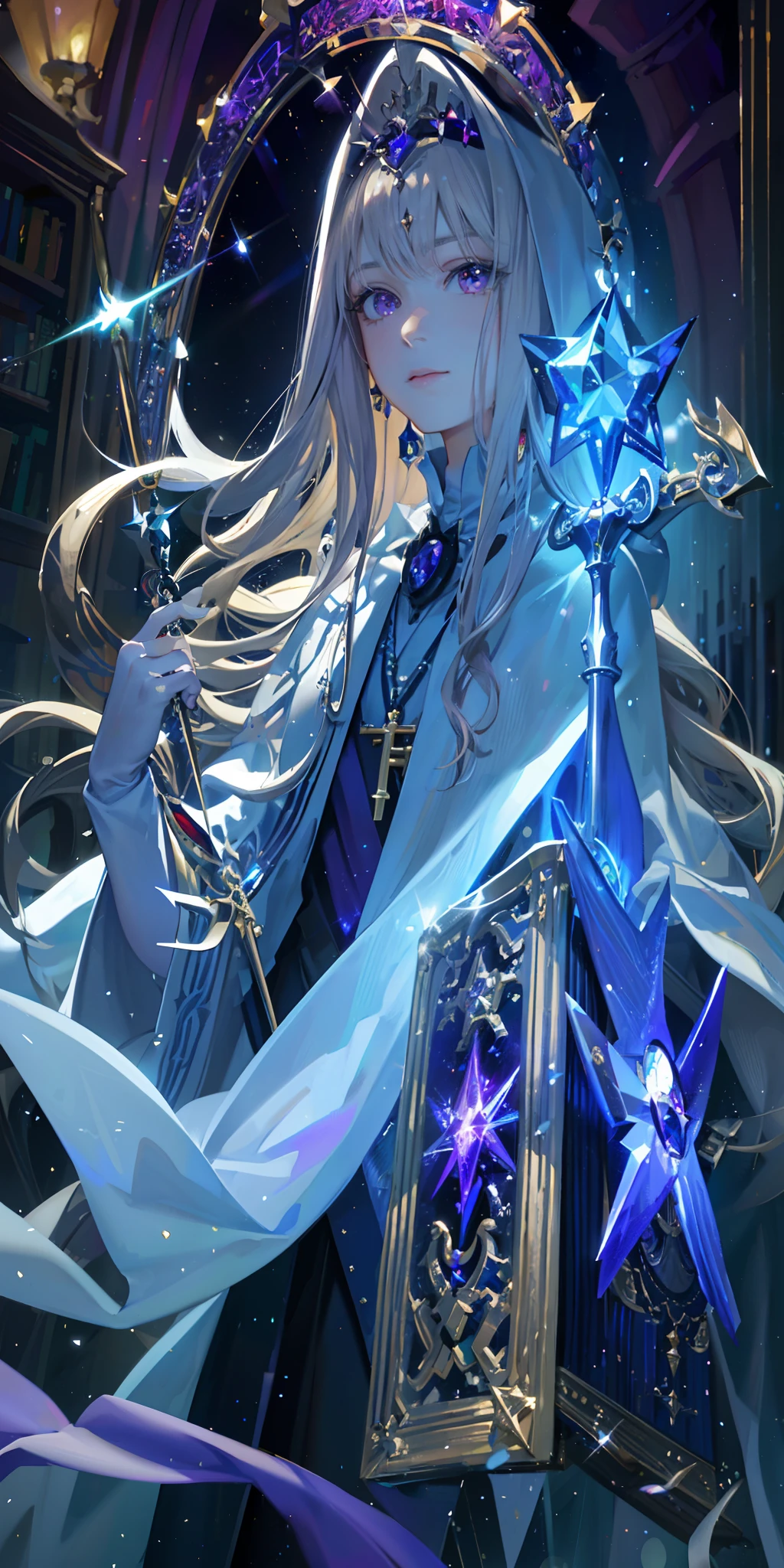 (photorealistic:1.4), (masterpiece, sidelighting, finely detailed beautiful eyes: 1.2), masterpiece*portrait, realistic, 3d face,blonde_hair,purple_eyes,long_hair,pointy_ears,wand,magic_circle,magic_academy,starry_sky,earrings,jewelry,key_necklace,diamond_headdress,magic_robe,white_cape,flying_book