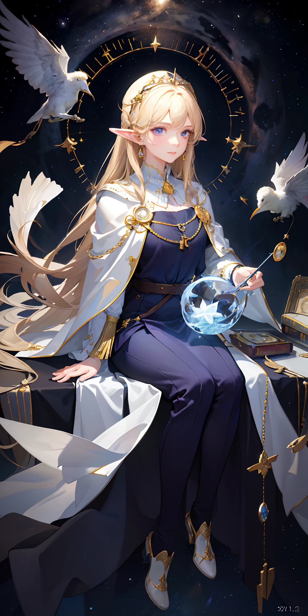 (photorealistic:1.4), (masterpiece, sidelighting, finely detailed beautiful eyes: 1.2), masterpiece*portrait, realistic, 3d face,blonde_hair,purple_eyes,long_hair,pointy_ears,wand,magic_circle,magic_academy,starry_sky,earrings,jewelry,key_necklace,diamond_headdress,magic_robe,white_cape,flying_book