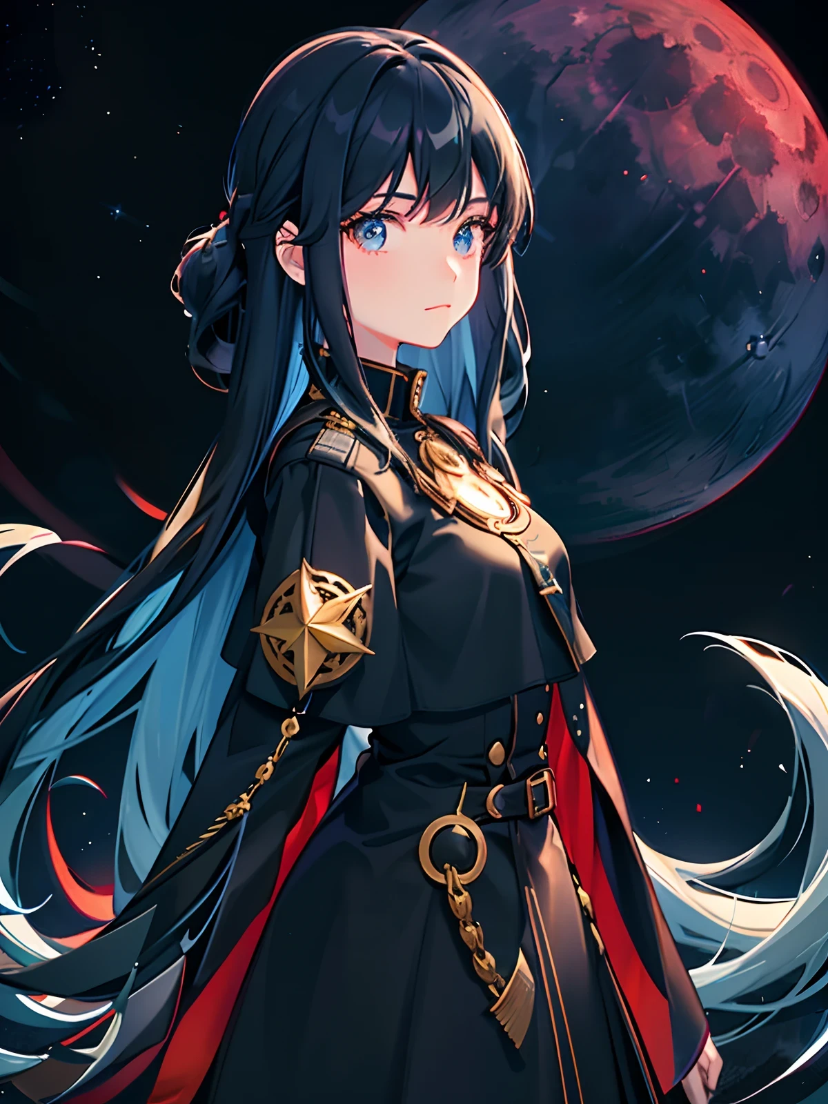 1girl,12 years old，solo, red moon, moon, long hair, looking at viewer, green eyes, bangs, upper body, full moon, closed mouth, night, sky, star (sky), black hair, from side, breasts, looking to the side, night sky, blue hair, starry sky, eyelashes，blue eyes ，black dress 