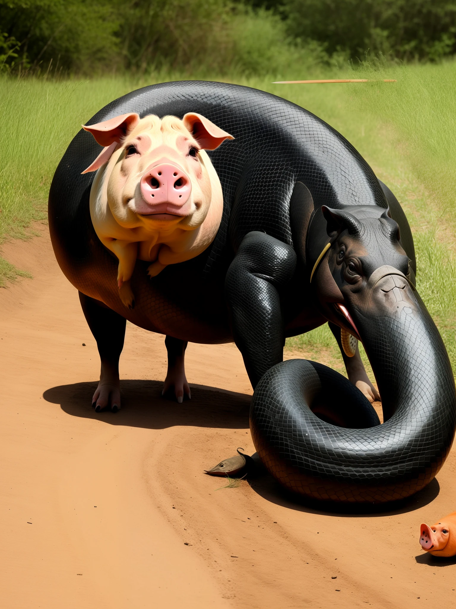 An upright pig cut a big snake with a knife