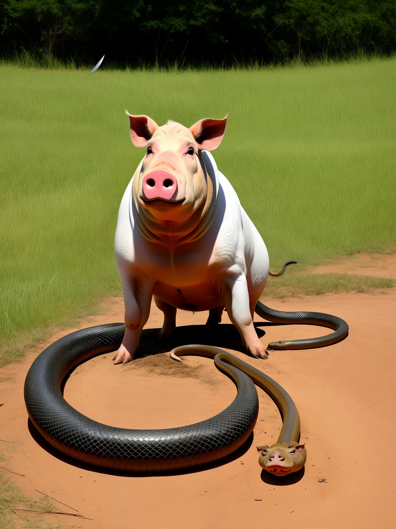 An upright pig cut a big snake with a knife