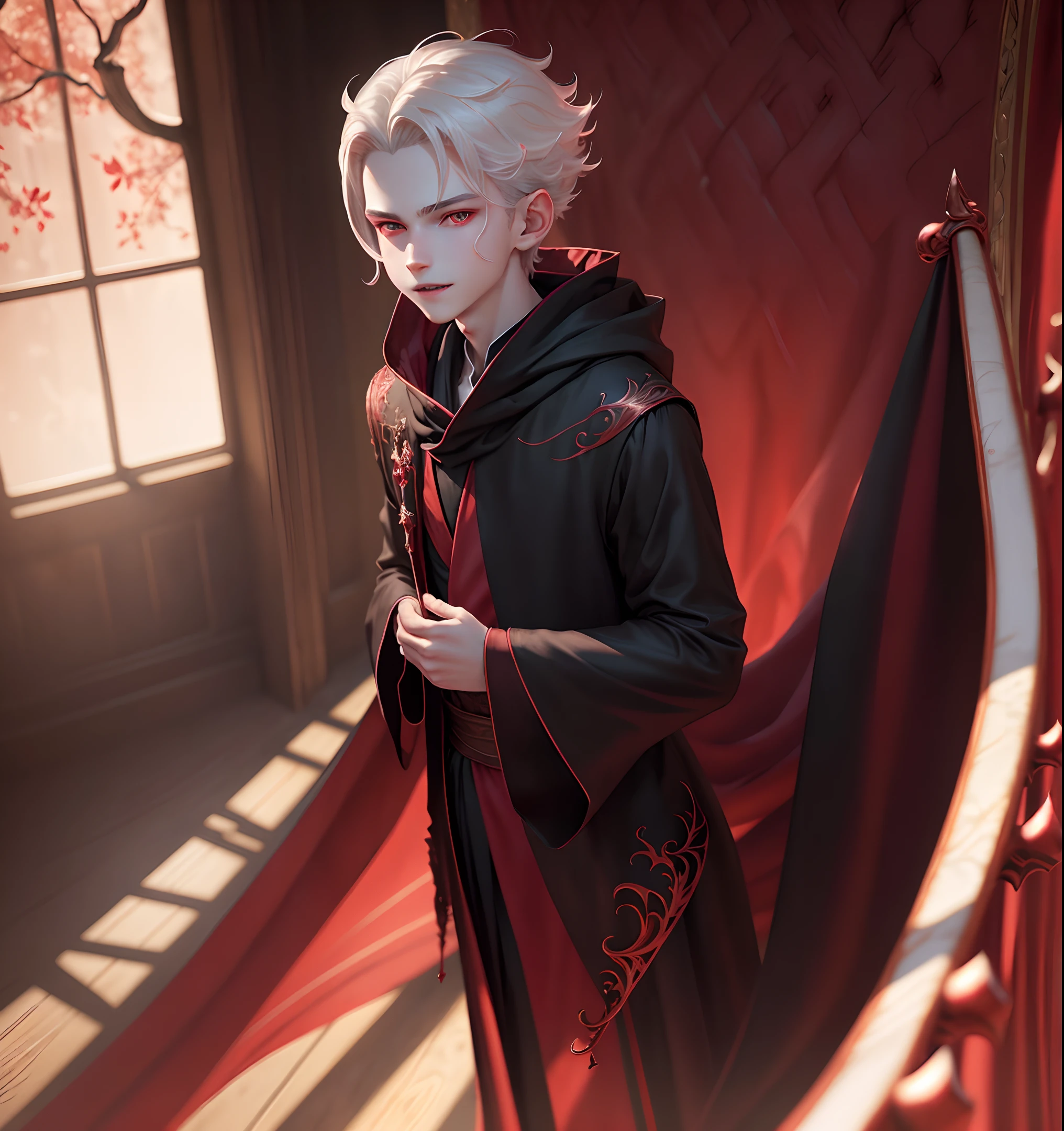 (detailed and beautiful CG art, high resolution, masterpiece, best quality),(dramatic illumination, shadows and highlights perfectly captured, an extremely delicate and beautiful),

[(((young devil boy)), sharp teeth, pale skin, crimson eyes, black horns),(mischievous smile, intimidating aura), black and red long robe with hood,]