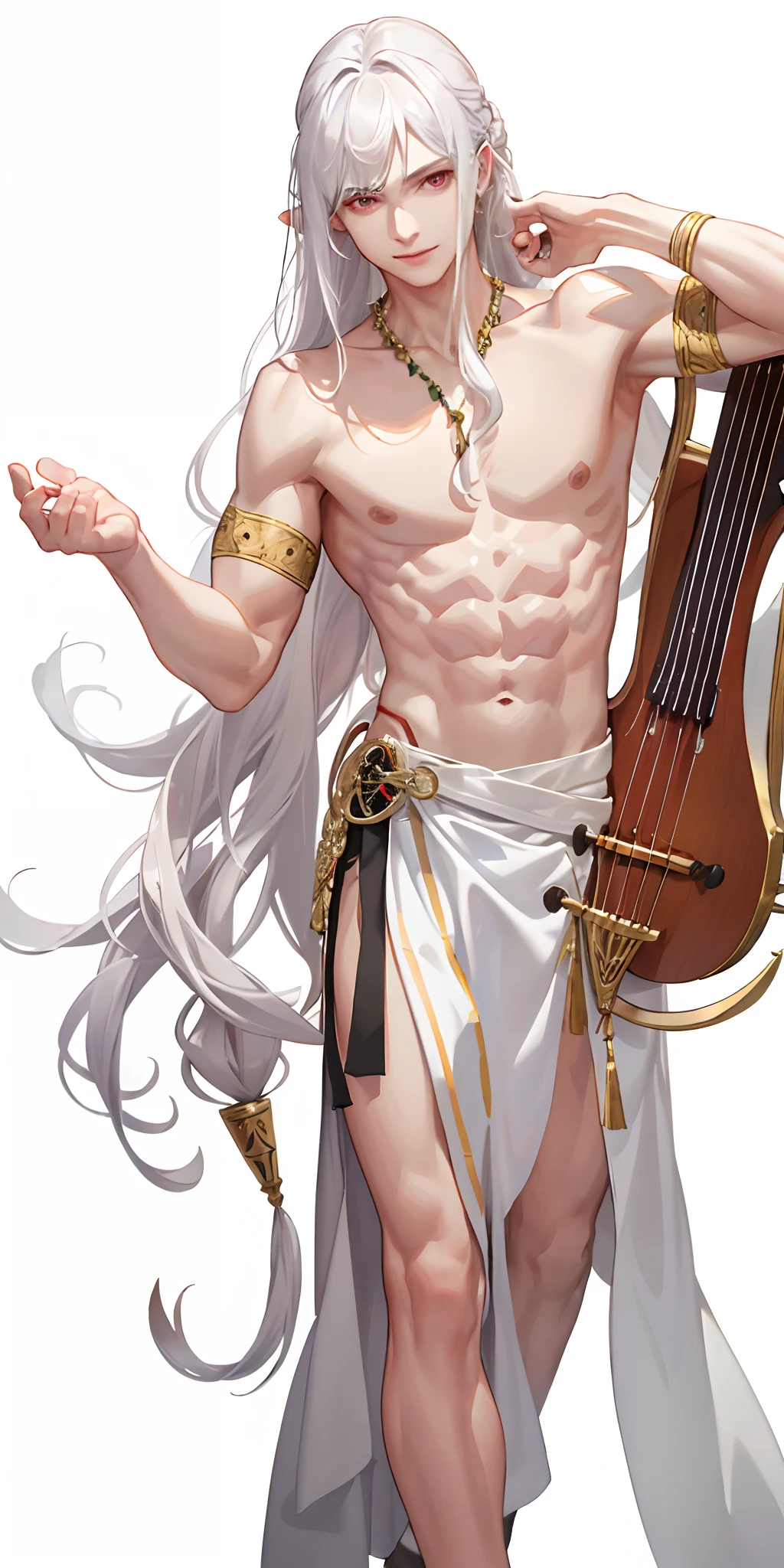 (photorealistic:1.4),best quality, masterpiece,male,thin,muscle,pointed ear,pale gray  skin,long curly white hair,red eyes,smile,bard,DND,A lute on his back