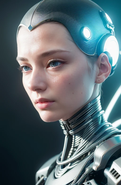 complex 3d render ultra detailed of a beautiful porcelain profile woman android face, cyborg, robotic parts, 150 mm, beautiful studio soft light, rim light, vibrant details, luxurious cyberpunk, lace, hyperrealistic, anatomical, facial muscles, cable electric wires, microchip, elegant, beautiful background, octane render, H. R. Giger style, 8k, best quality, masterpiece, illustration, an extremely delicate and beautiful, extremely detailed ,CG ,unity ,wallpaper, (realistic, photo-realistic:1.37),Amazing, finely detail, masterpiece,best quality,official art, extremely detailed CG unity 8k wallpaper, absurdres, incredibly absurdres, robot, silver halmet, full body, sitting