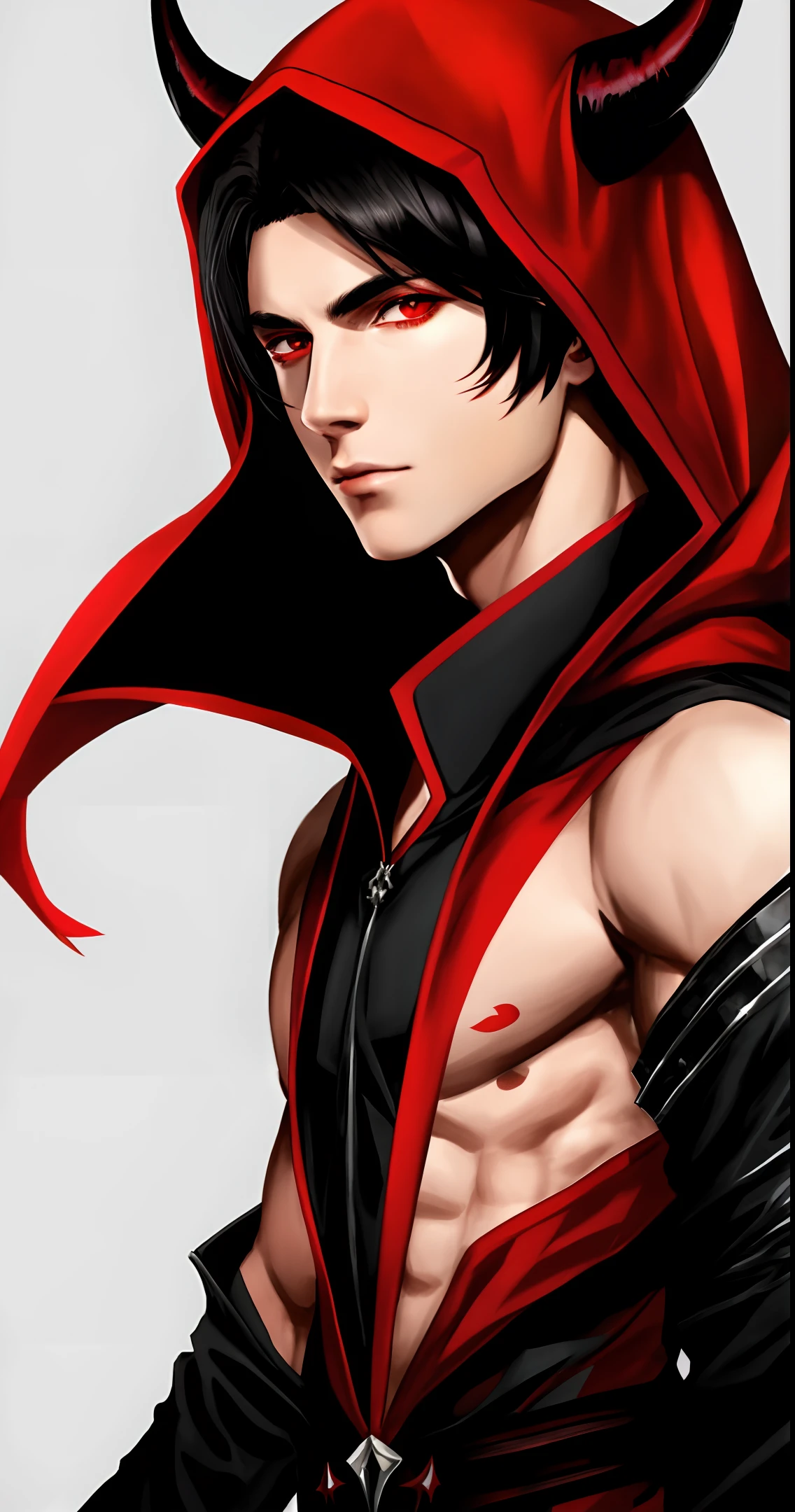 Black hair with red highlights, white skin, red eyes, 18 years old boy, black and red assassin hood, black horns, devil tail.