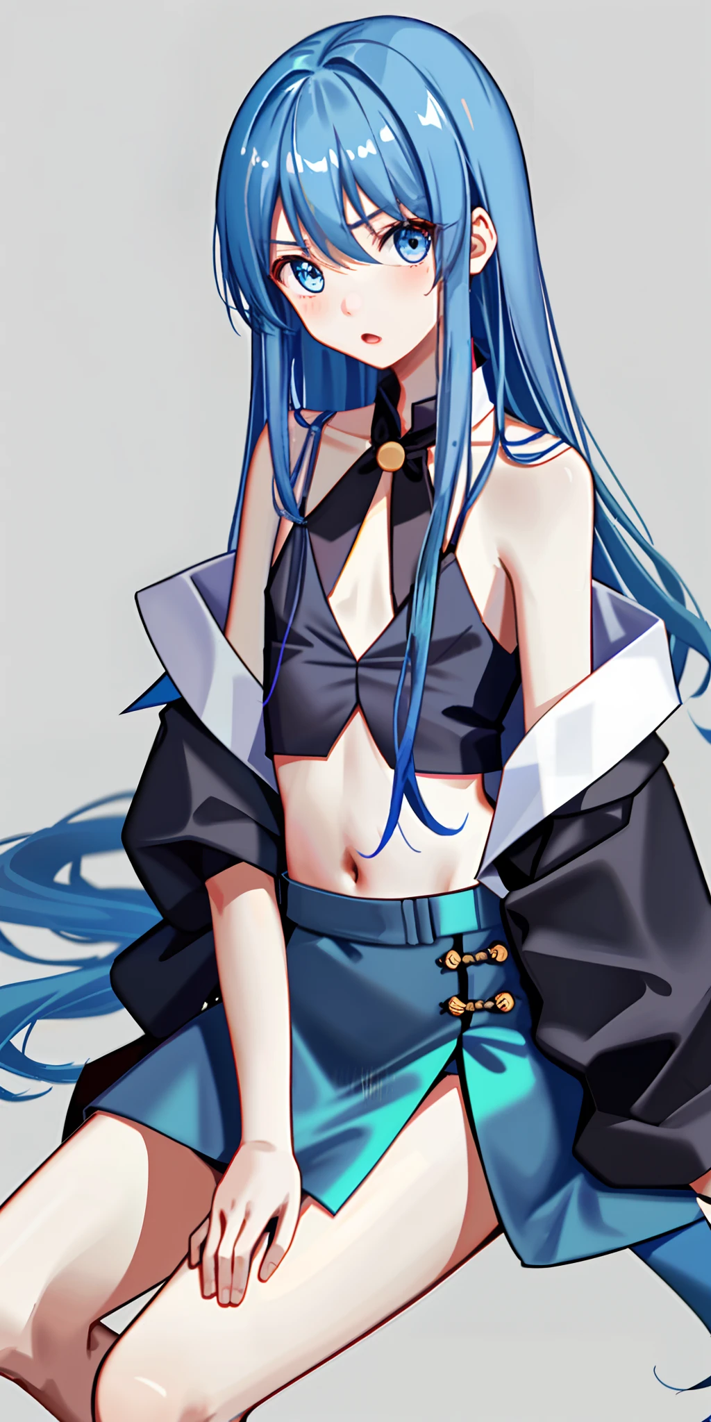 1boy,娇柔,unbuttoned shirt,long hair,bare shoulders,open clothes,sleeves past wrists,navel,midriff,sitting,head tilt,blue hair,straight-on,simple background,clothes pull,covered clothes,blush,open mouth。