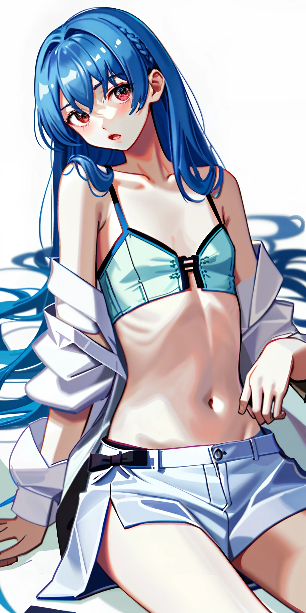 （（masterpiece,best quality））1boy，娇柔，unbuttoned shirt，long hair，bare shoulders，open clothes，sleeves past wrists，navel，midriff，sitting，head tilt，blue hair，straight-on，simple background，clothes pull，covered clothes，blush，open mouth，nsfw，