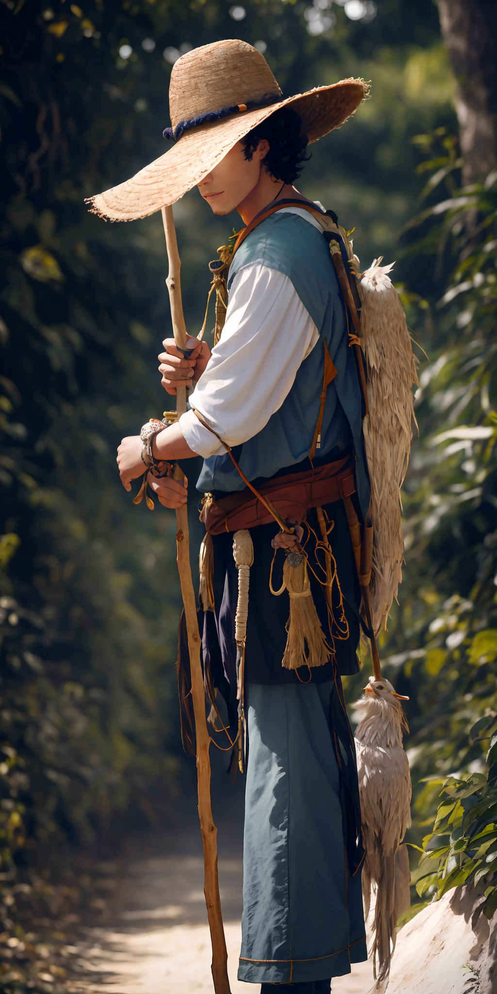 human druid, young man, normal weight, normal high, using long stick, explore in the shade, a bird on his shoulder, with a shade straw hat, strong, PAW photo, Looking towards the audience, Exquisite details,