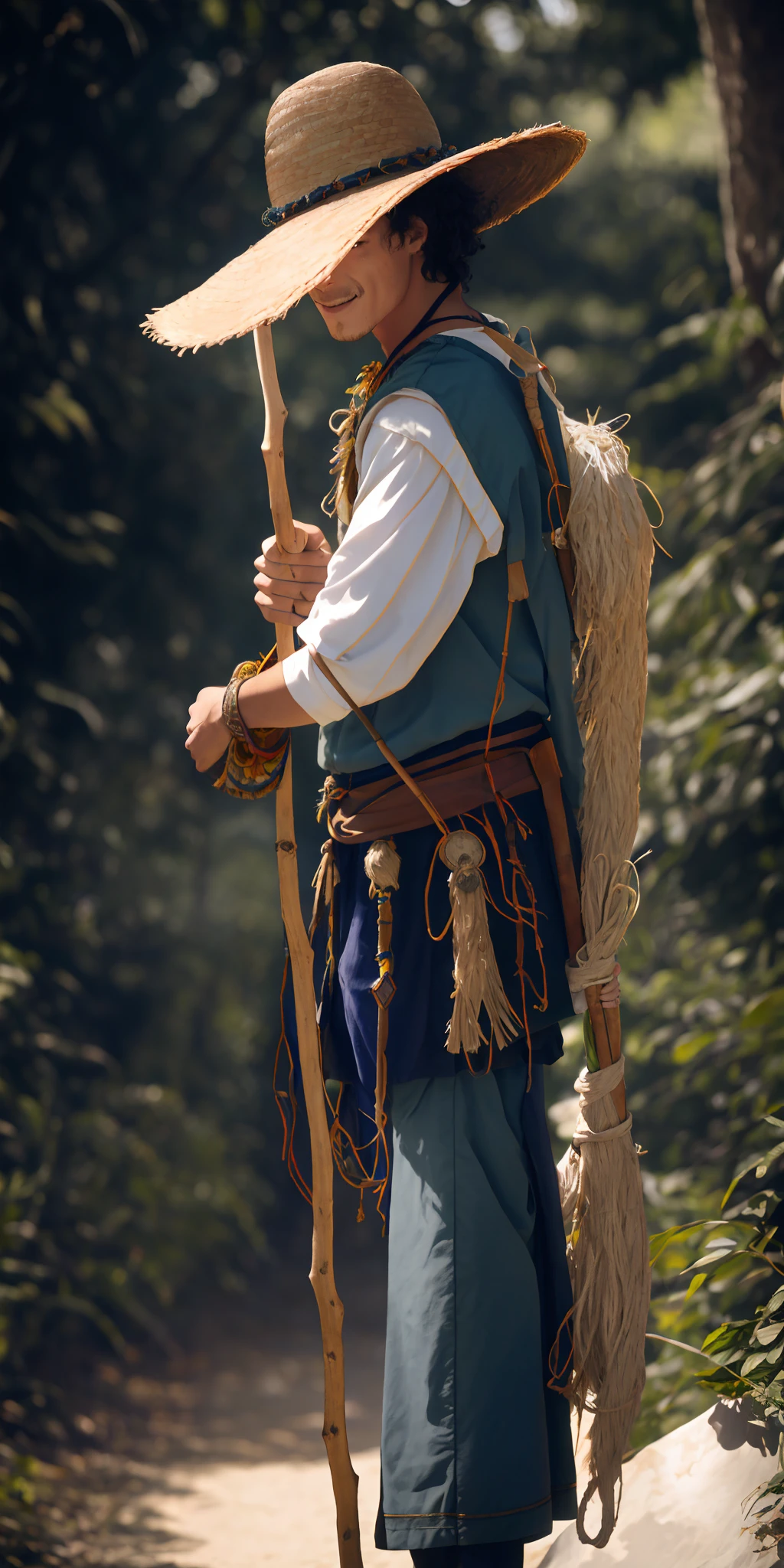 human druid, young man, normal weight, normal high, using long stick, explore in the shade, with a shade straw hat, strong, RAW photo, Looking towards the audience， Exquisite details， smile, one hand