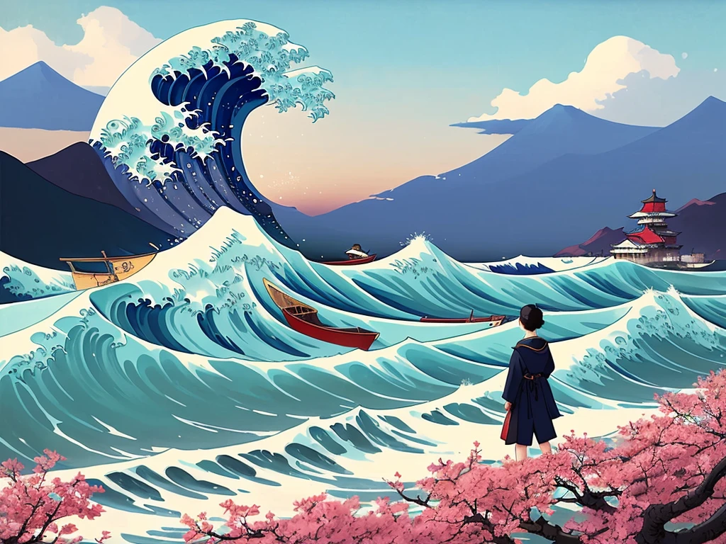 Red sun Cherry blossoms in full bloom
on background painting of a wave with a boat in the middle of it and a sky background with clouds and mountains, (The Great Wave off Kanagawa),
sakura blossom on background,
(Atey Ghailan, by Jeremy Mann, Greg Manchess, Antonio Moro), trending on ArtStation, trending on CGSociety, Intricate, High Detail,
Sharp focus, dramatic, photorealistic painting art by midjourney and ((greg rutkowski)), bokeh on background, by (Katsushika Hokusai)