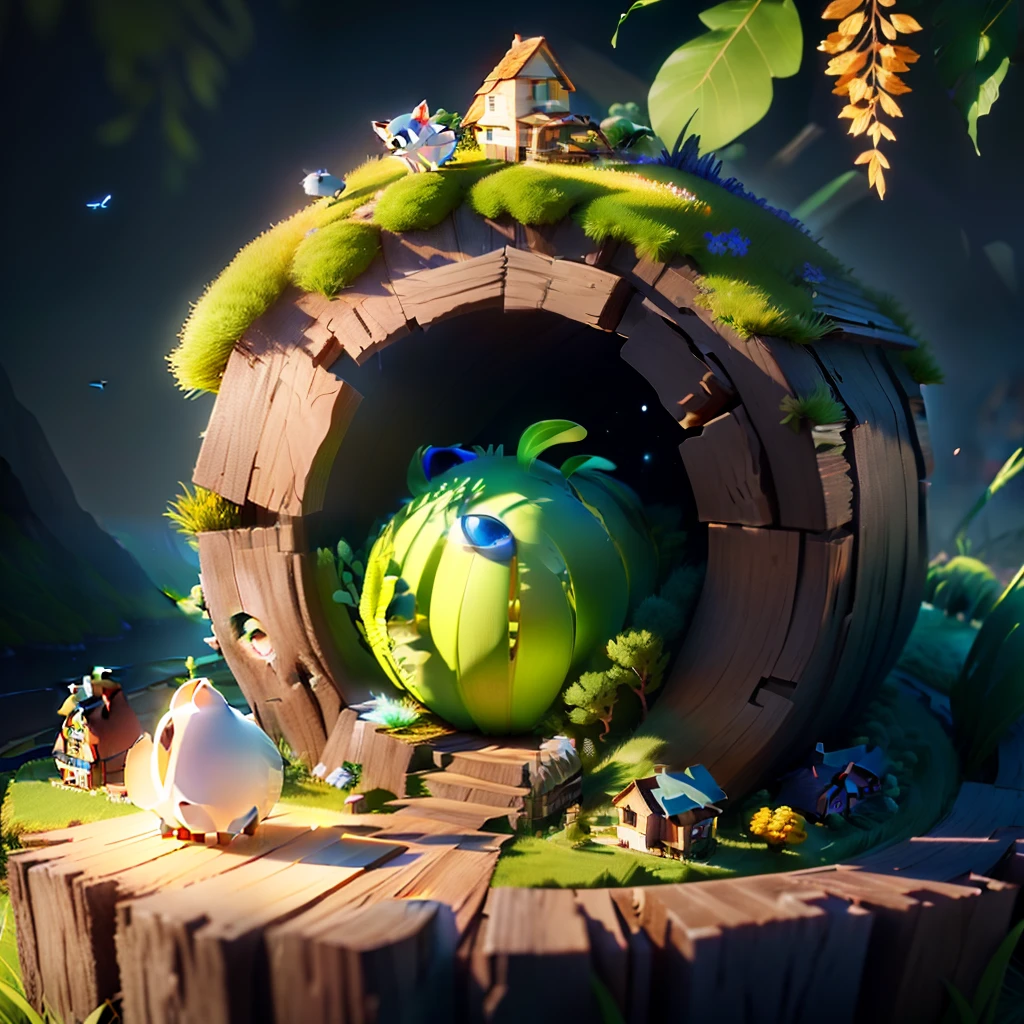 masterpiece, best quality, (extremely detailed CG unity 8k wallpaper), (best quality), (best illustration), (best shadow), isometric 3D, octane render,ray tracing,ultra detailed, (Cartoon architecture), (natural elements), (grassland theme), (blue sky), (green grassland), (small animals), (houses), (wood material).