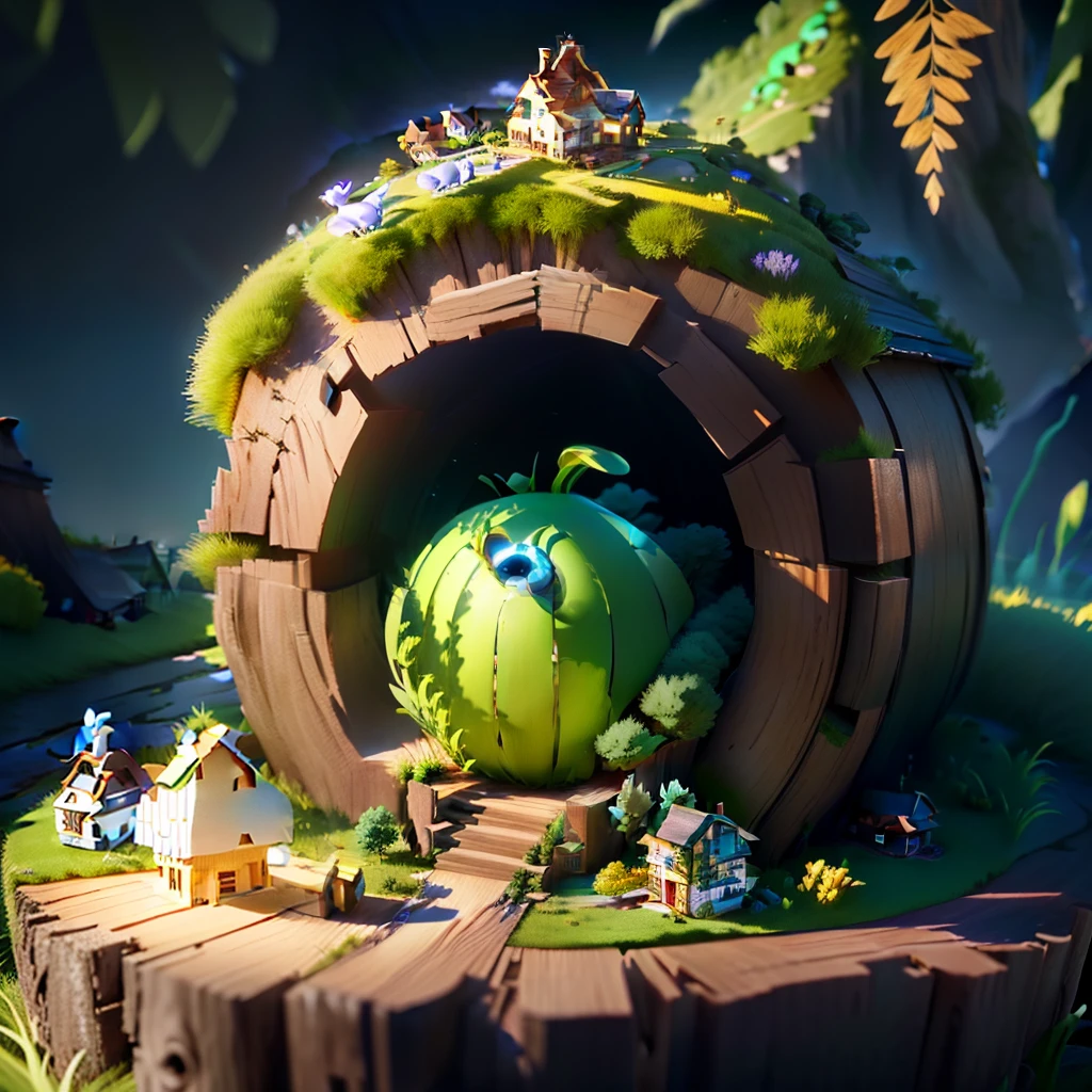 masterpiece, best quality, (extremely detailed CG unity 8k wallpaper), (best quality), (best illustration), (best shadow), isometric 3D, octane render,ray tracing,ultra detailed, (Cartoon architecture), (natural elements), (grassland theme), (blue sky), (green grassland), (small animals), (houses), (wood material).