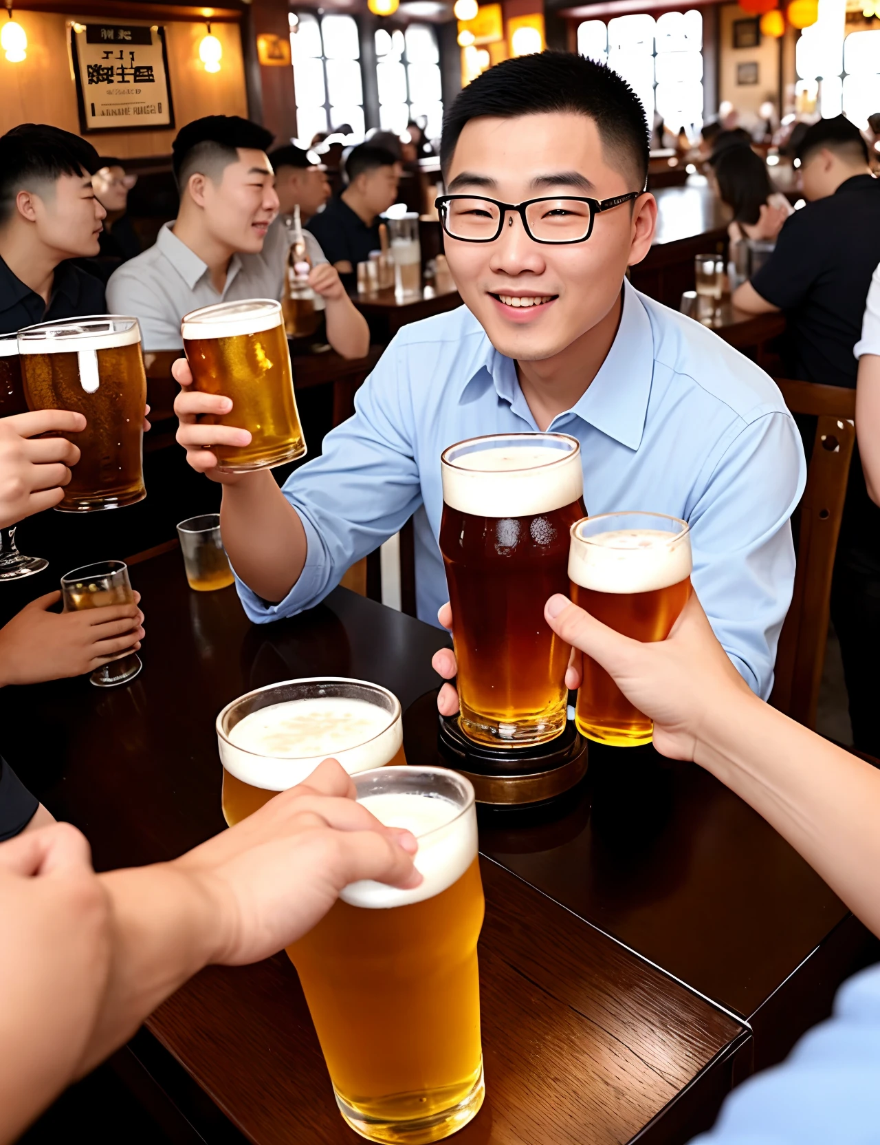 A Chinese man with glasses and buzz cut, square face, holding a beer glass in the pub, many people around him in the pub, smiling, crazy emotion, in crowd