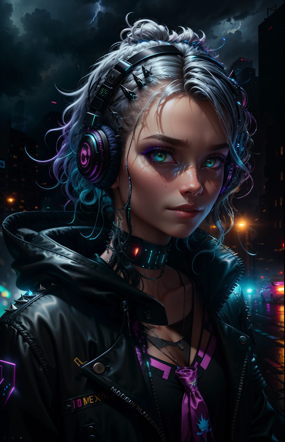 A highly detailed portrait of a solo 1girl standing on a street corner, during a rainstorm with lightning strikes and a cloudy sky, neon and cyberpunk background, she is wearing punk clothes with silver chains and silver spikes, she has a butterfly wing hairclip in her wild hair, she has headphones and a necktie on, petite, detailed glowing red eyes with distinct pupils, ominous aura Halo, smile, punk, cyberpunk, backlighting, chromatic aberration, depth of field, soft lighting, masterpiece, best quality, intricate, tone mapped, highly detailed, artstation, concept art, smooth, sharp focus, dramatic lighting, highly detailed artwork, cinematic, hyper realistic painting, trending on Artstation, 8K, incredible shadows, realistic, (highly detailed background:1.0)