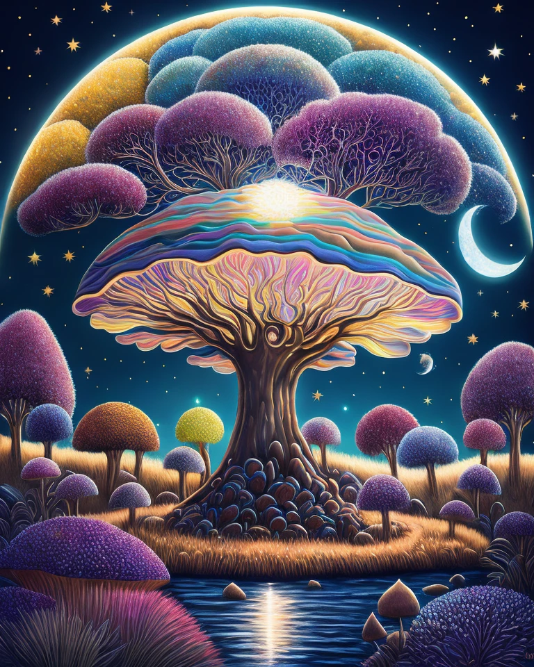 Dreams of happiness, bismuth, very beautiful, Mushrooms and plants big tree moon
,glowworm,inspiring, iridescent, thought provoking, digital art, ornate, bioluminescent, Elegant, Scenic, Hyper-Detailed, Delicate; Complex, surreal concept art, aesthetic, smooth, sharp focus, Professional, masterpiece, commissioned, best quality, Color Corrected, fixed in post