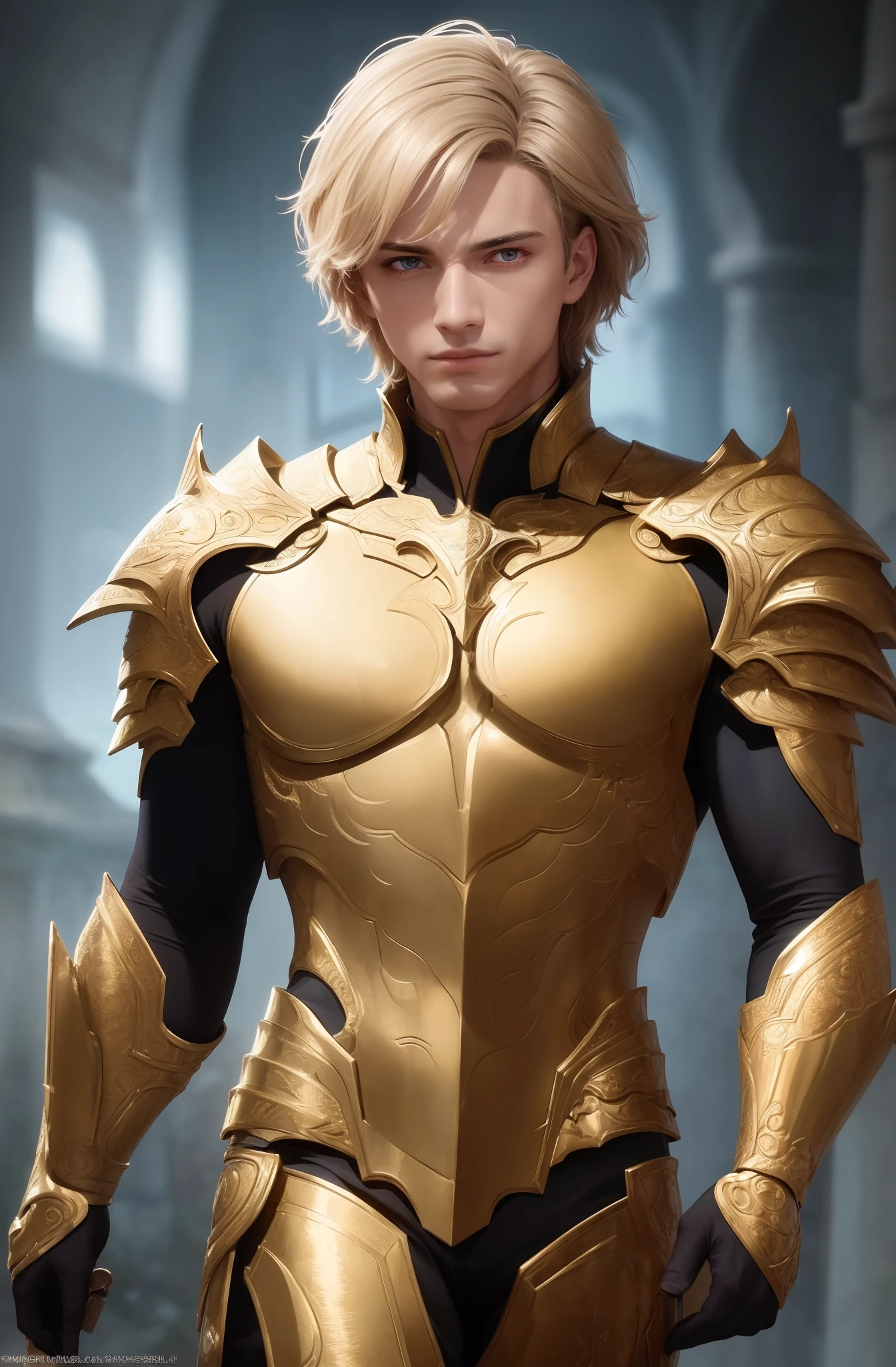 best quality, masterpiece, upper body,
bright highlights, (extremely detailed CG unity 8k wallpaper), handsome young man, 
(male, man), short curly hair, serious, dramatic pose, shiny armor, knight, cinematic lighting, photorealistic, dynamic pose, sharp-focus, Dynamic composition, 80s fantasy art, (photorealistic:1.4), (masterpiece, sidelighting, finely detailed beautiful eyes: 1.2), masterpiece*portrait, realistic, 3d face, glowing eyes, blonde hair,
1920s plunging neckline dress
  