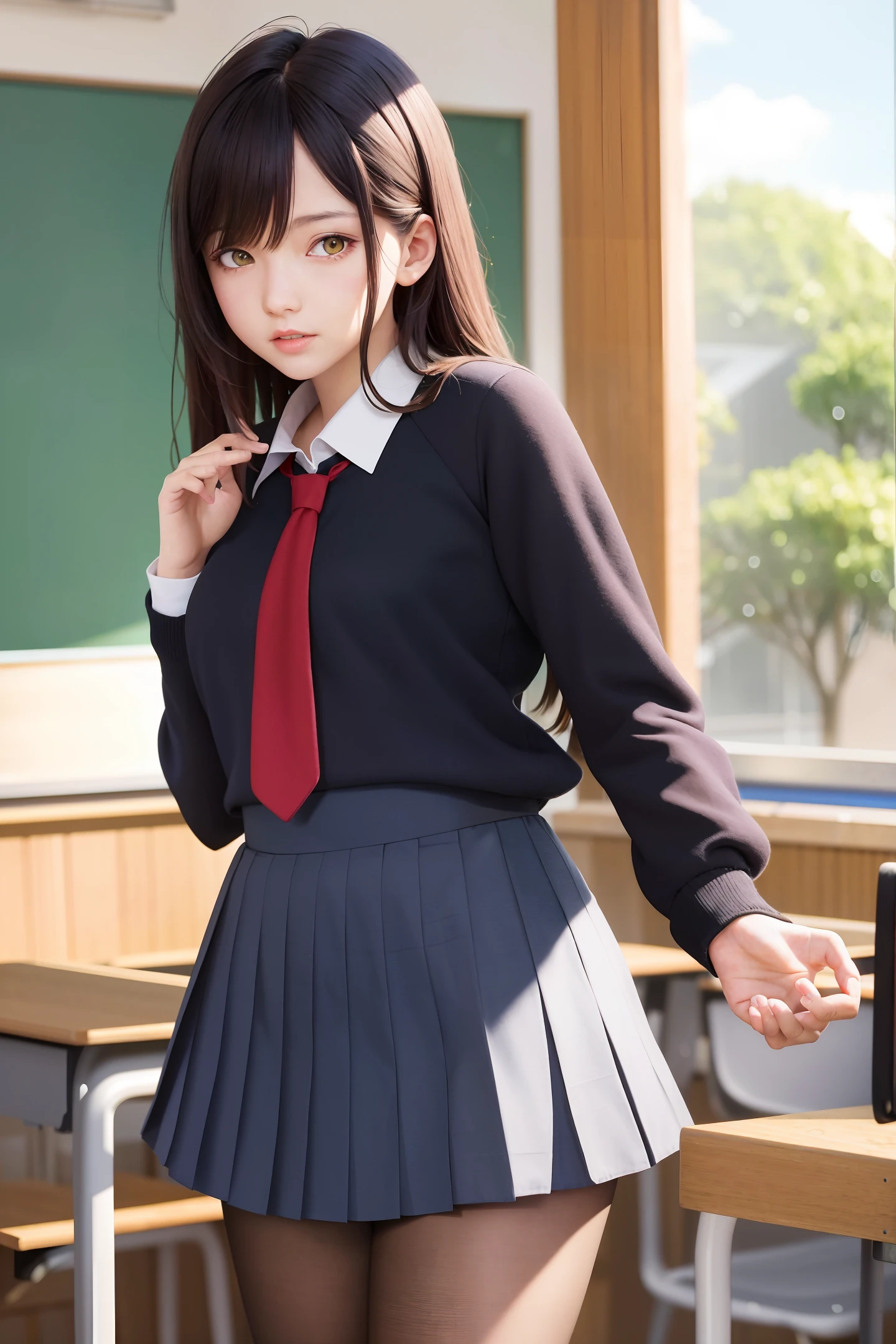 Masterpiece, best quality, super detailed, illustration, colorful, falt color, depth of field, lens flare,

1girl, anime, giving a lecture, black hair, looking at the audience, school, classroom, pleated miniskirt, school uniform, serafuku, black pantyhose, detailed skin texture, detailed cloth texture, detailed beautiful face,