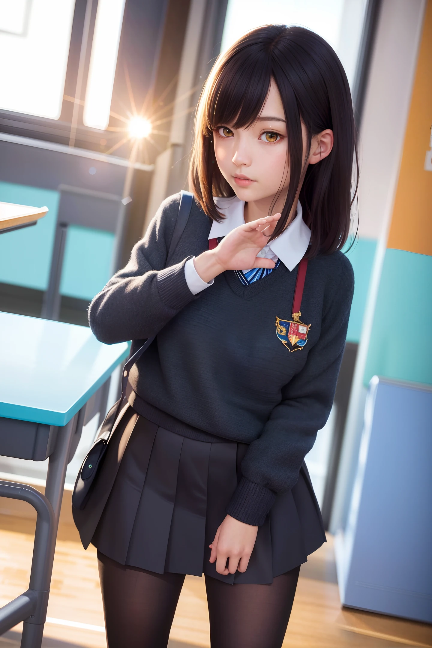 Masterpiece, best quality, super detailed, illustration, colorful, falt color, depth of field, lens flare,

1girl, anime, giving a lecture, black hair, looking at the audience, school, classroom, pleated miniskirt, school uniform, serafuku, black pantyhose, detailed skin texture, detailed cloth texture, detailed beautiful face,